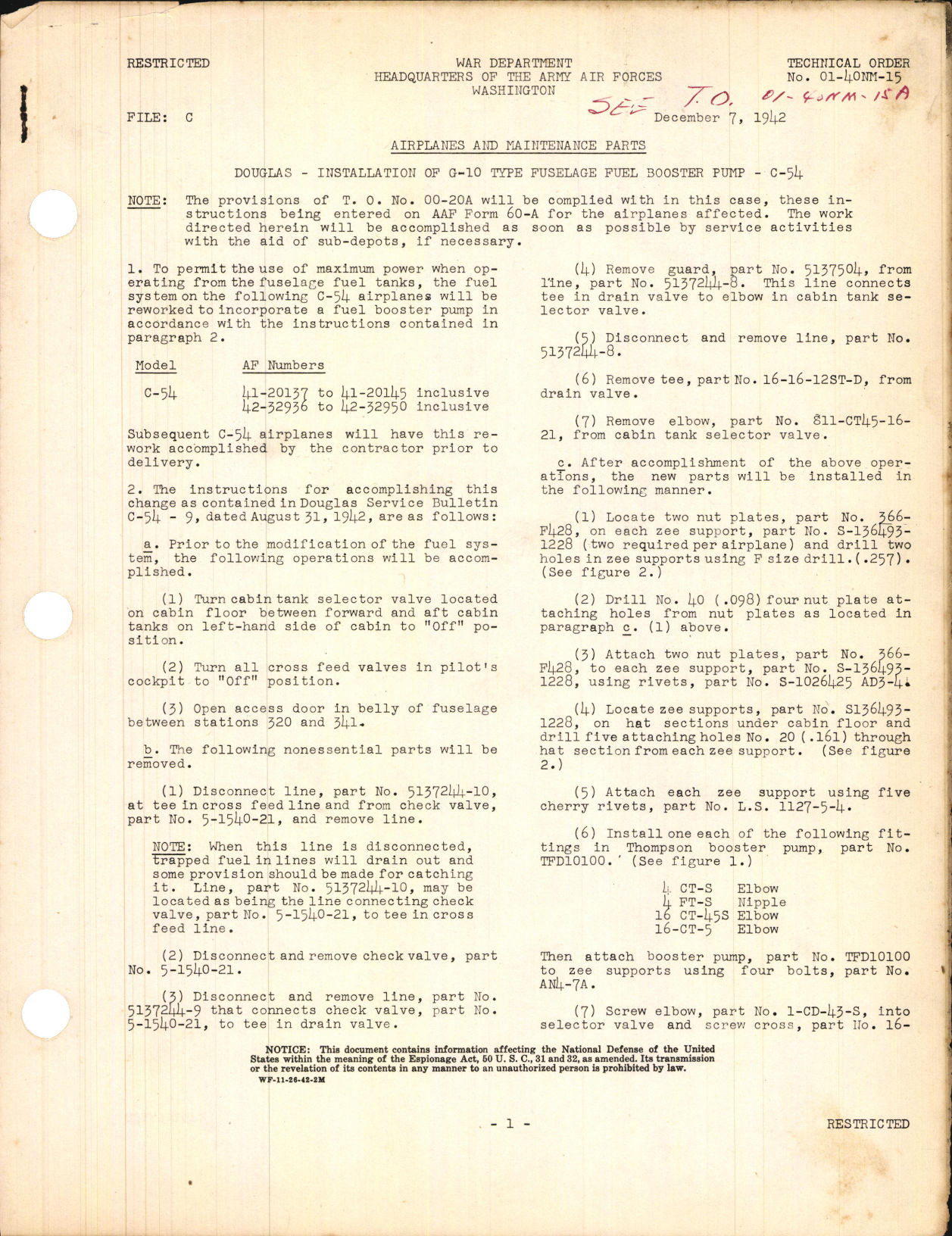 Sample page 1 from AirCorps Library document: Installation of G-10 Type Fuselage Fuel Booster Pump for C-54