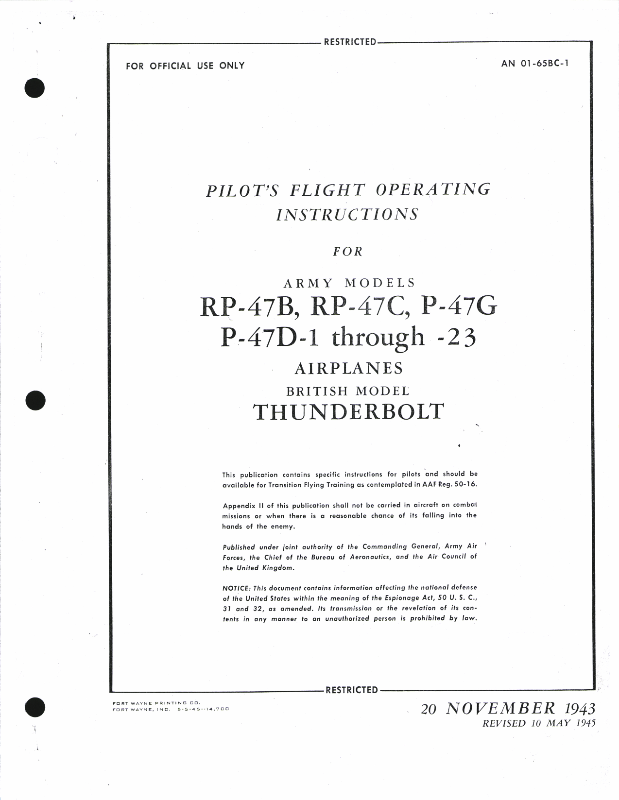 Sample page 1 from AirCorps Library document: Pilot's Flight Operating Instructions for RP-47B, RP-47C, P-47G, and P-47D