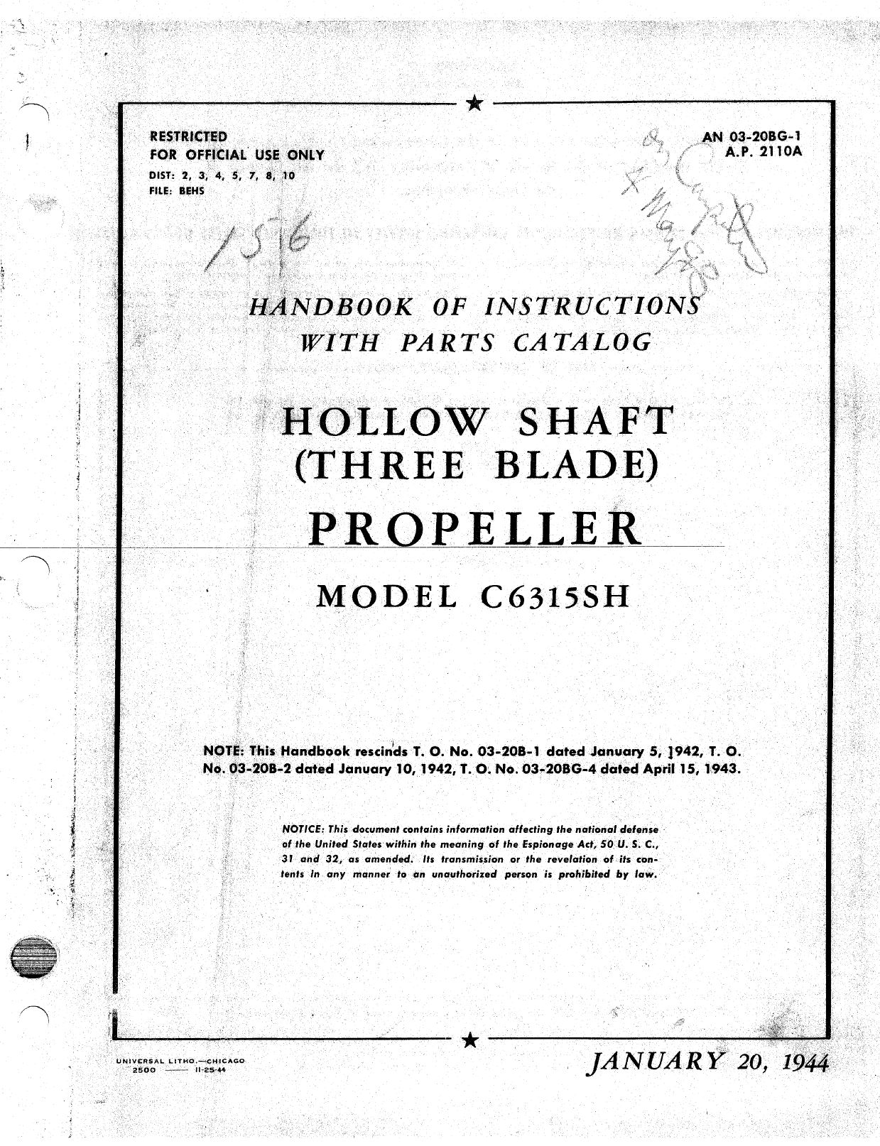Sample page 1 from AirCorps Library document: Handbook of Instructions with Parts Catalog for Hollow Shaft (Three Blade) Propeller Model C6315SH