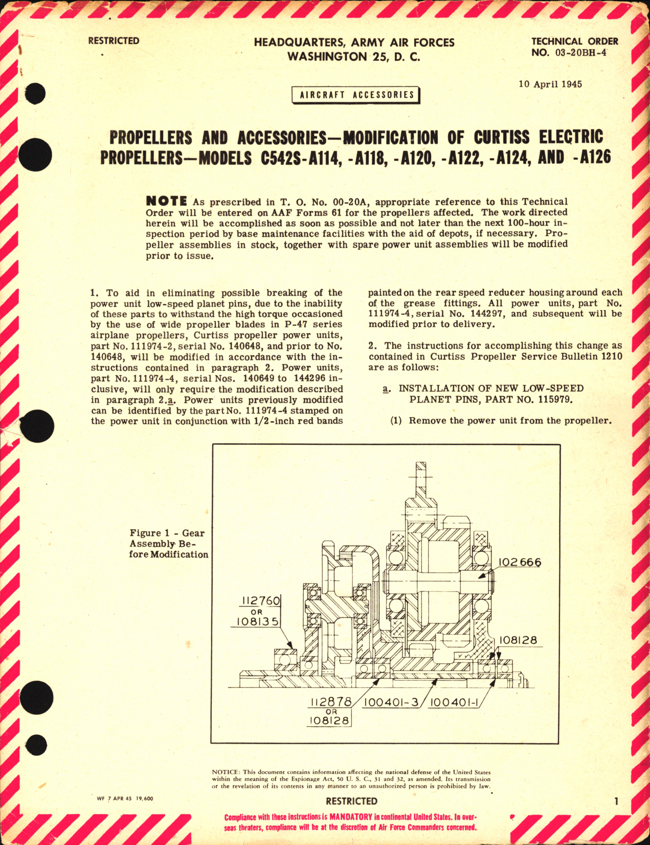 Sample page 1 from AirCorps Library document: Modification of Curtiss Electric Propeller Models C542S-A114, -A118, -A120, -A122, -A124, and -A126