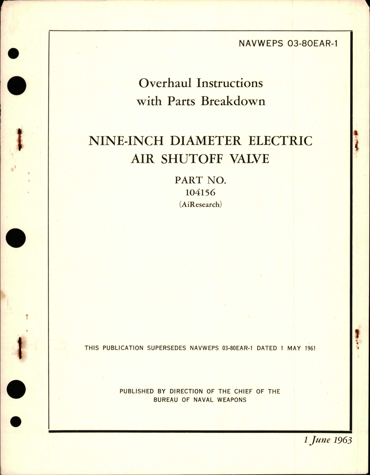 Sample page 1 from AirCorps Library document: Overhaul Instructions with Parts Breakdown for Nine-Inch Diameter Electric Air Shutoff Valve - Part 104156 