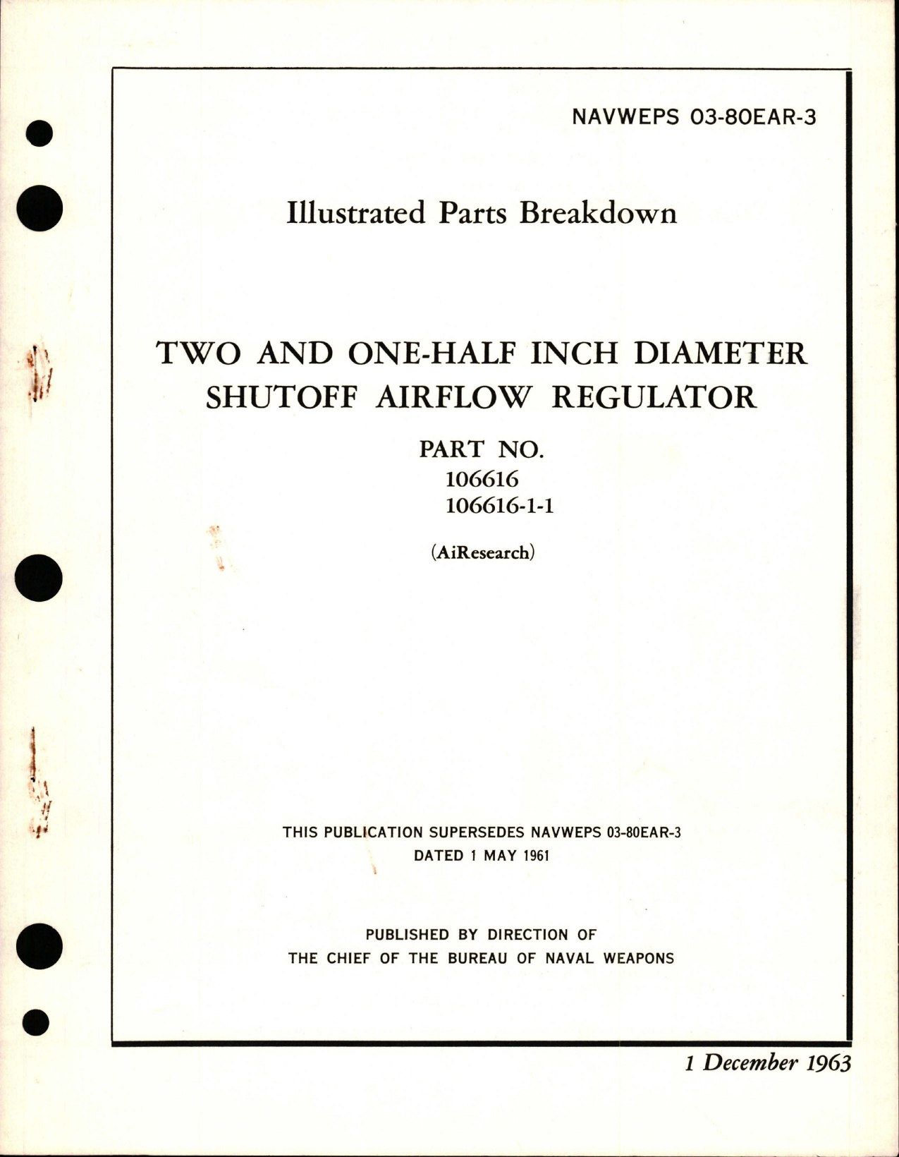 Sample page 1 from AirCorps Library document: Illustrated Parts for Two and One-Half Inch Diameter Shutoff Airflow Regulator - Part 106616 and 106616-1-1
