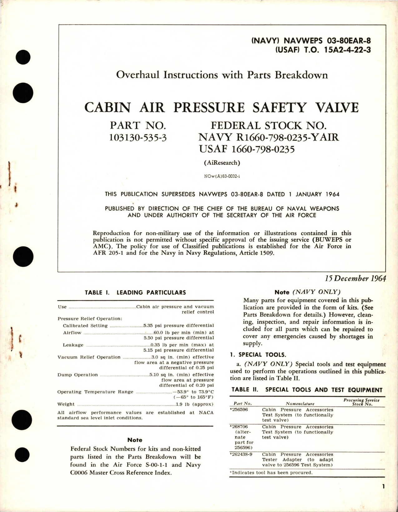 Sample page 1 from AirCorps Library document: Overhaul Instructions with Parts Breakdown for Cabin Air Pressure Safety Valve - Part 103130-535-3