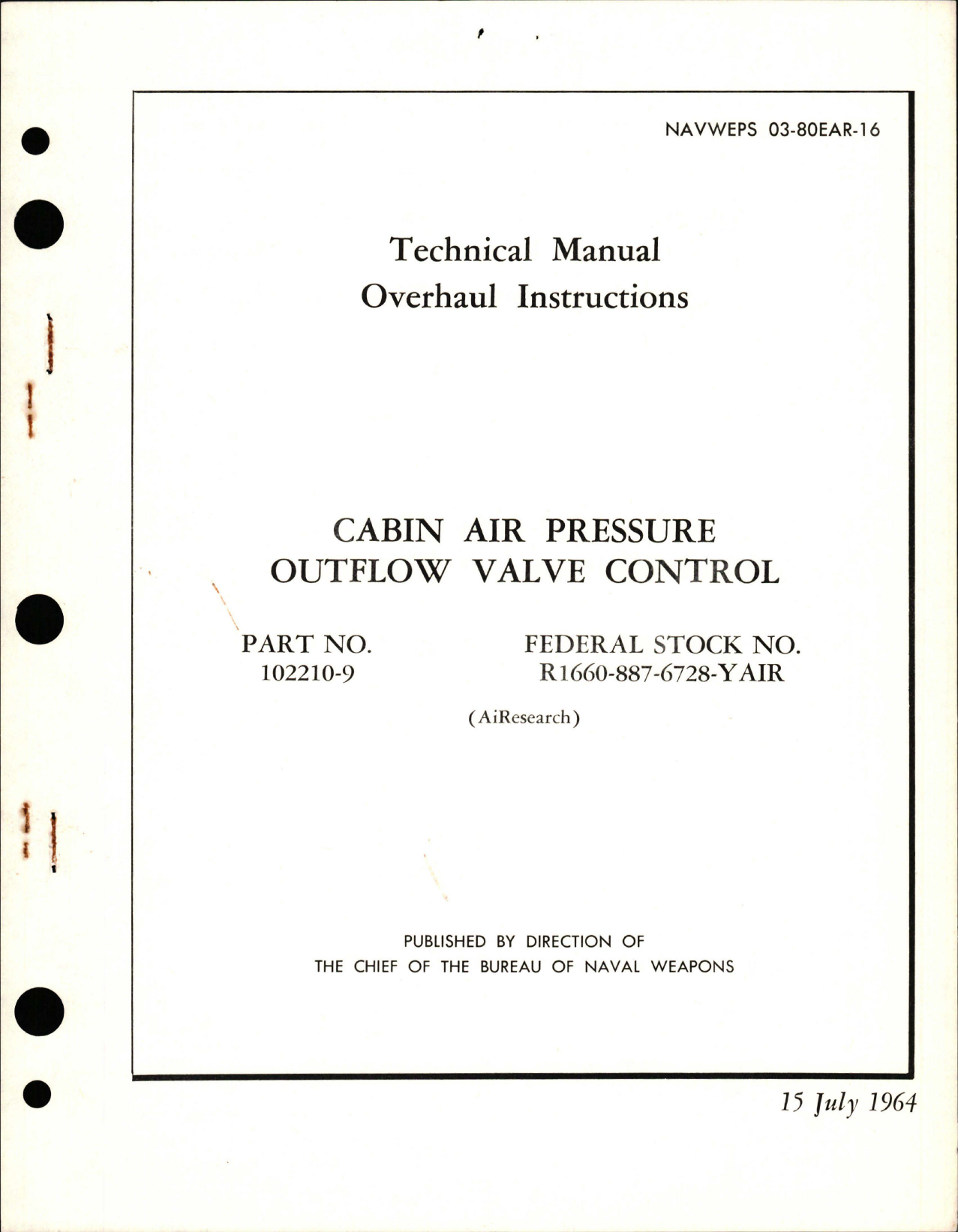 Sample page 1 from AirCorps Library document: Overhaul Instructions for Cabin Air Pressure Outflow Valve Control - Part 102210-9