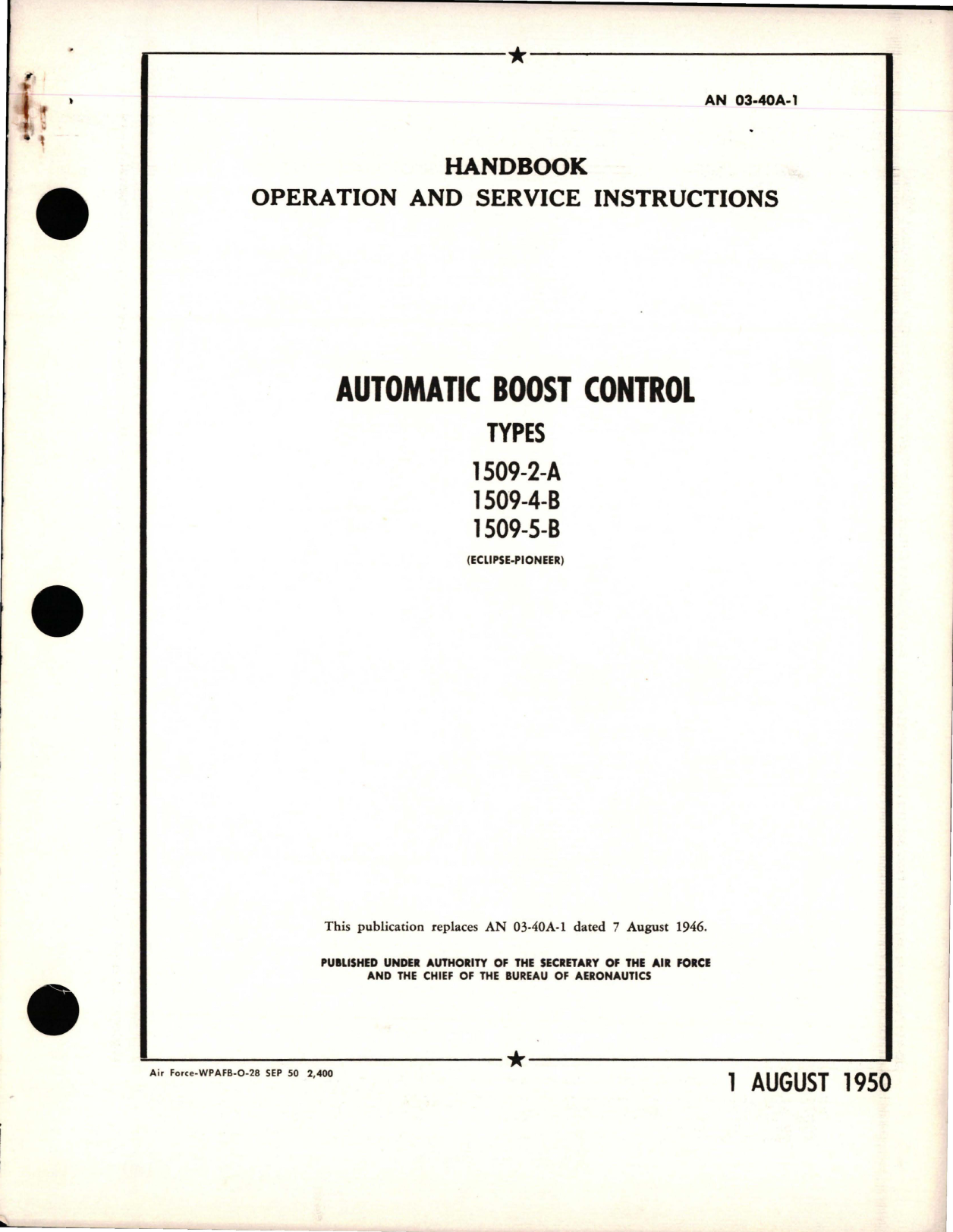 Sample page 1 from AirCorps Library document: Operation and Service Instructions for Automatic Boost Control - Types 1509-2-A, 1509-4-B, and 1509-5-B
