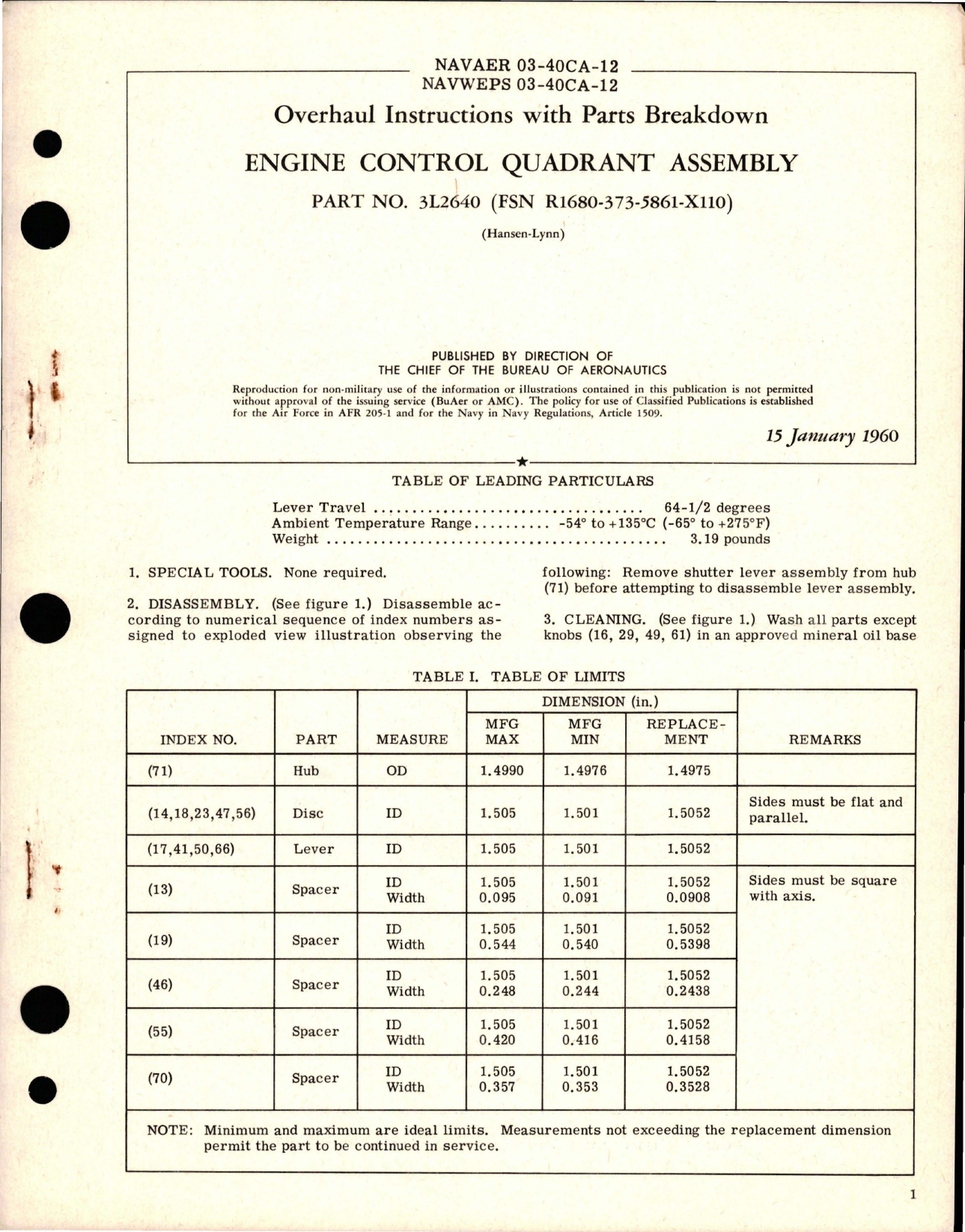 Sample page 1 from AirCorps Library document: Overhaul Instructions with Parts Breakdown for Engine Control Quadrant Assembly - Part 3L3640