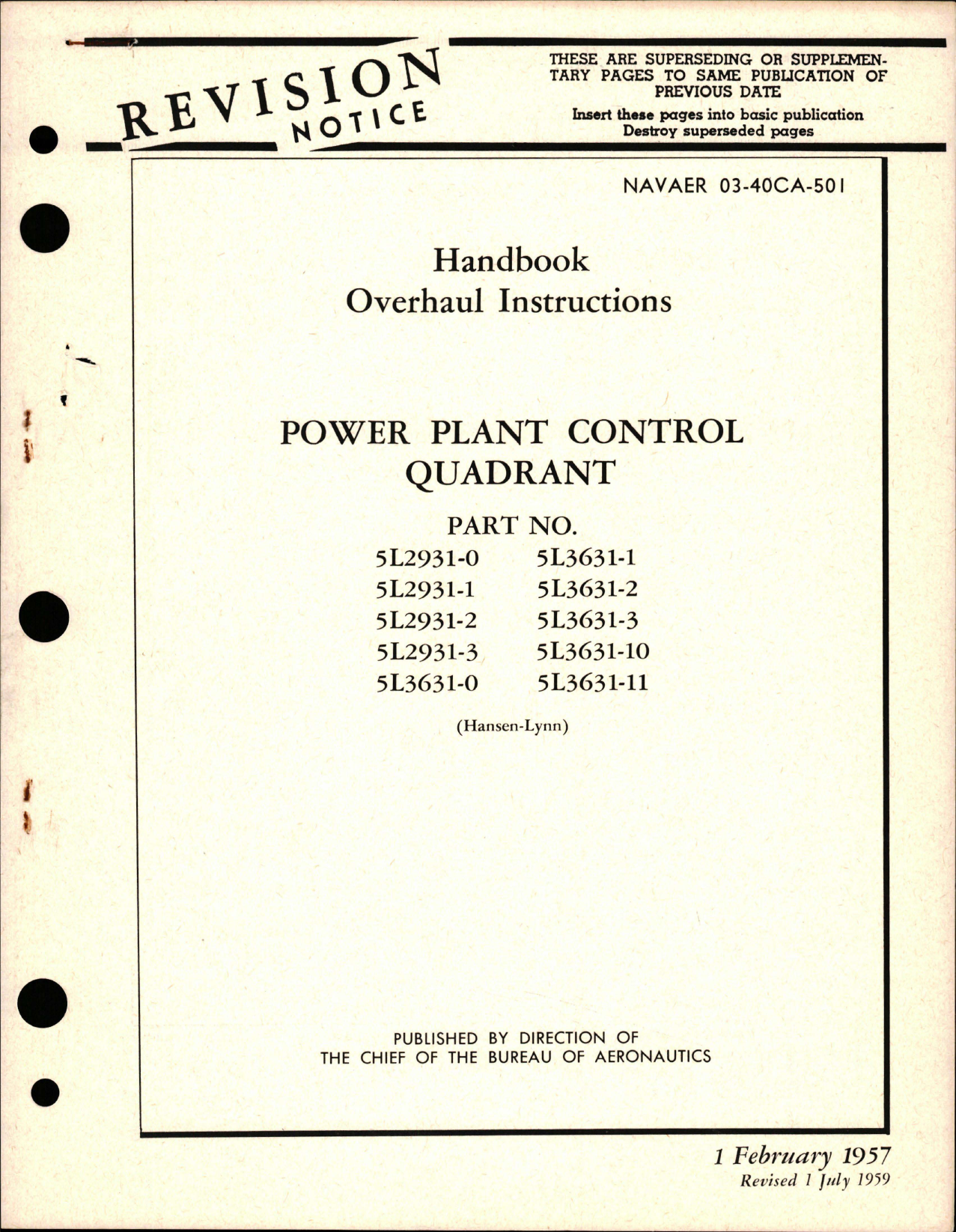 Sample page 1 from AirCorps Library document: Overhaul Instructions for Power Plant Control Quadrant 