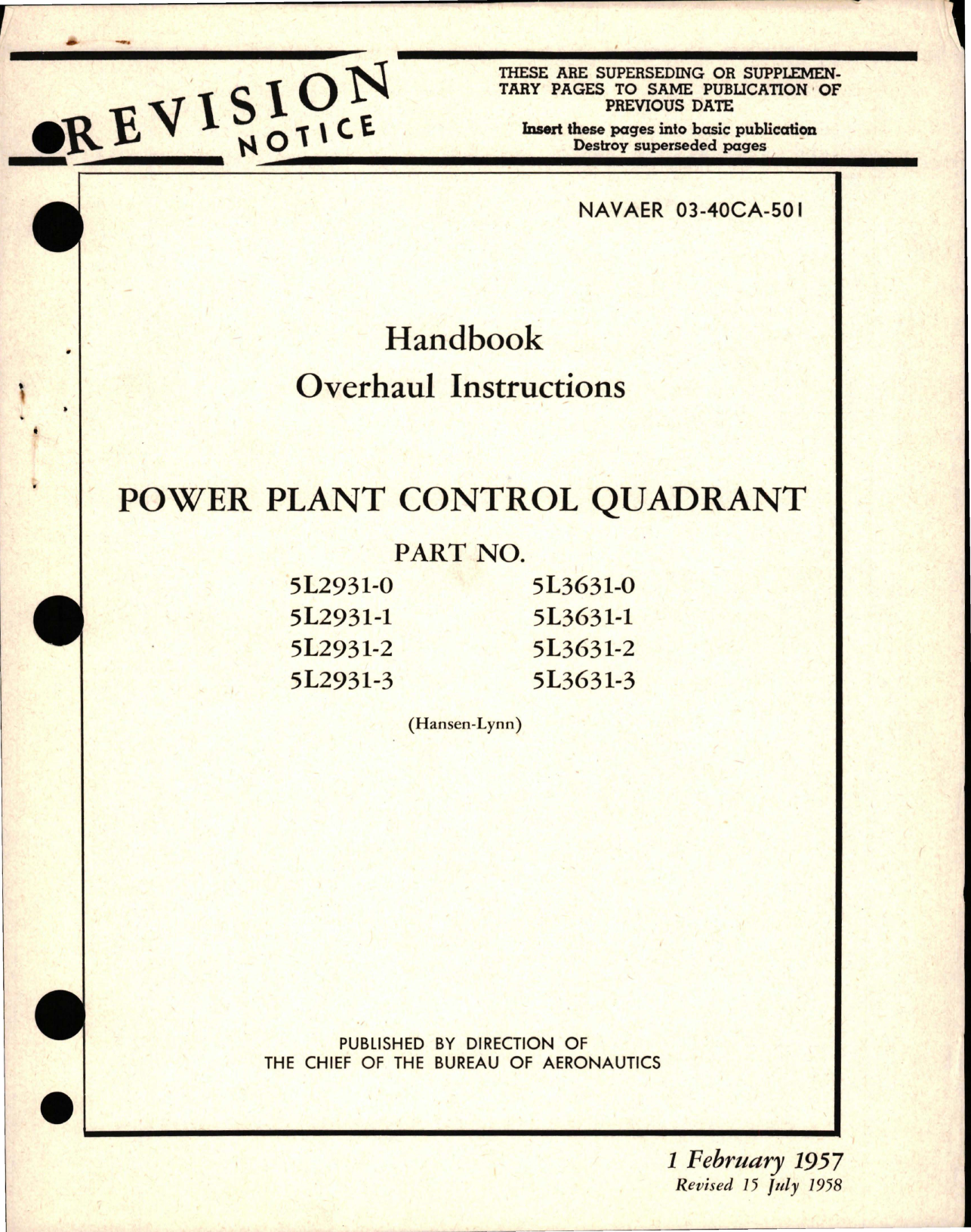 Sample page 1 from AirCorps Library document: Overhaul Instructions for Power Plant Control Quadrant