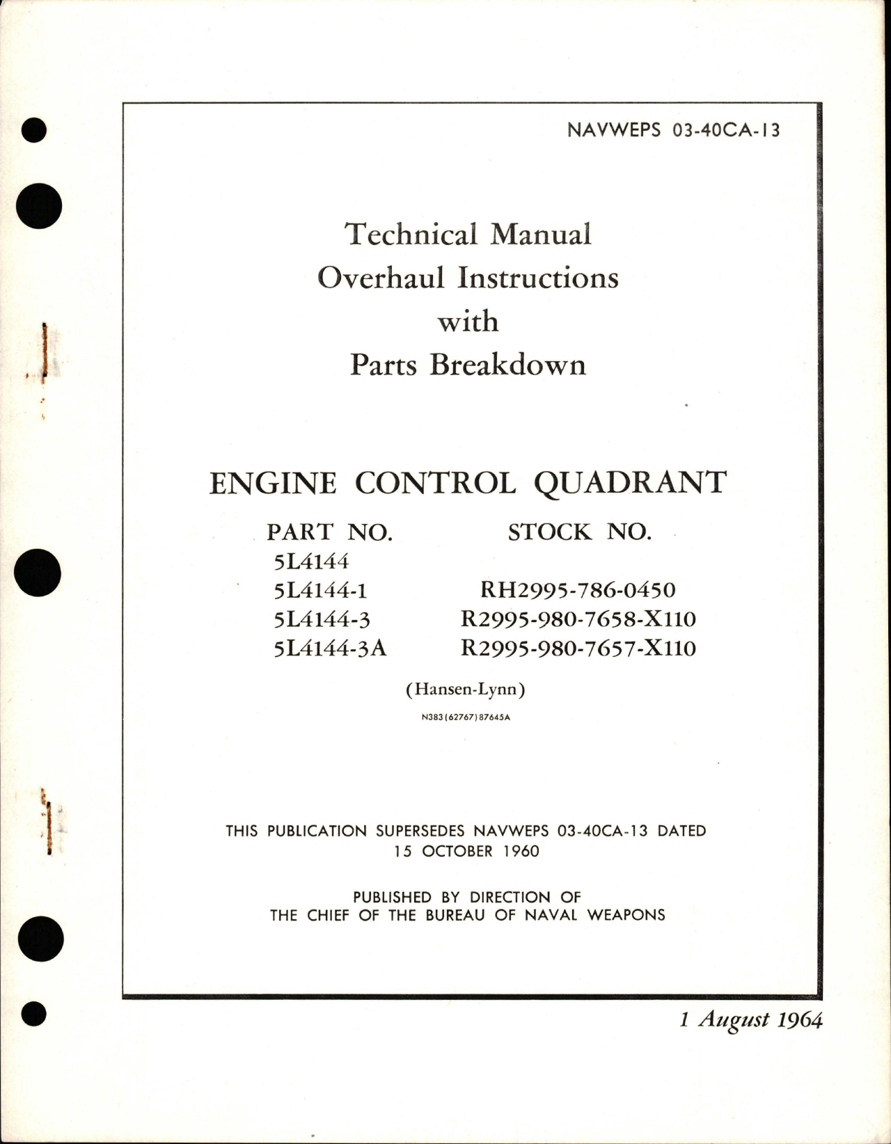 Sample page 1 from AirCorps Library document: Overhaul Instructions with Parts Breakdown for Engine Control Quadrant