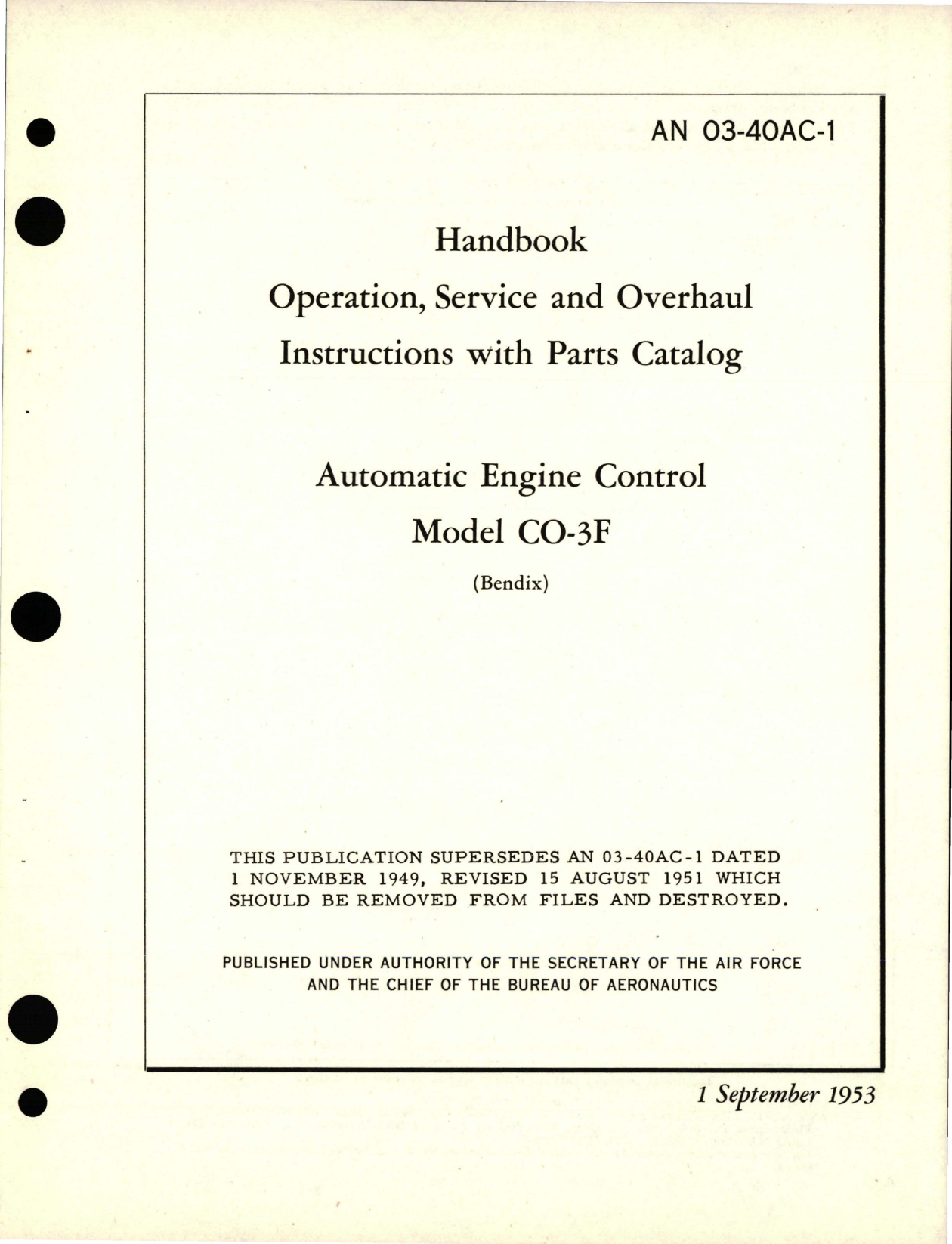 Sample page 1 from AirCorps Library document: Operation, Service and Overhaul Instructions with Parts Catalog for Automatic Engine Control - Model CO-3F