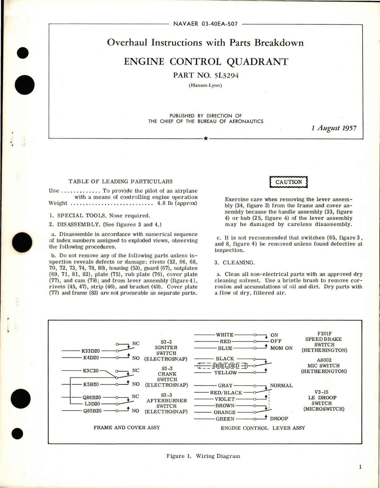 Sample page 1 from AirCorps Library document: Overhaul Instructions with Parts Breakdown for Engine Control Quadrant - Part 5L3294