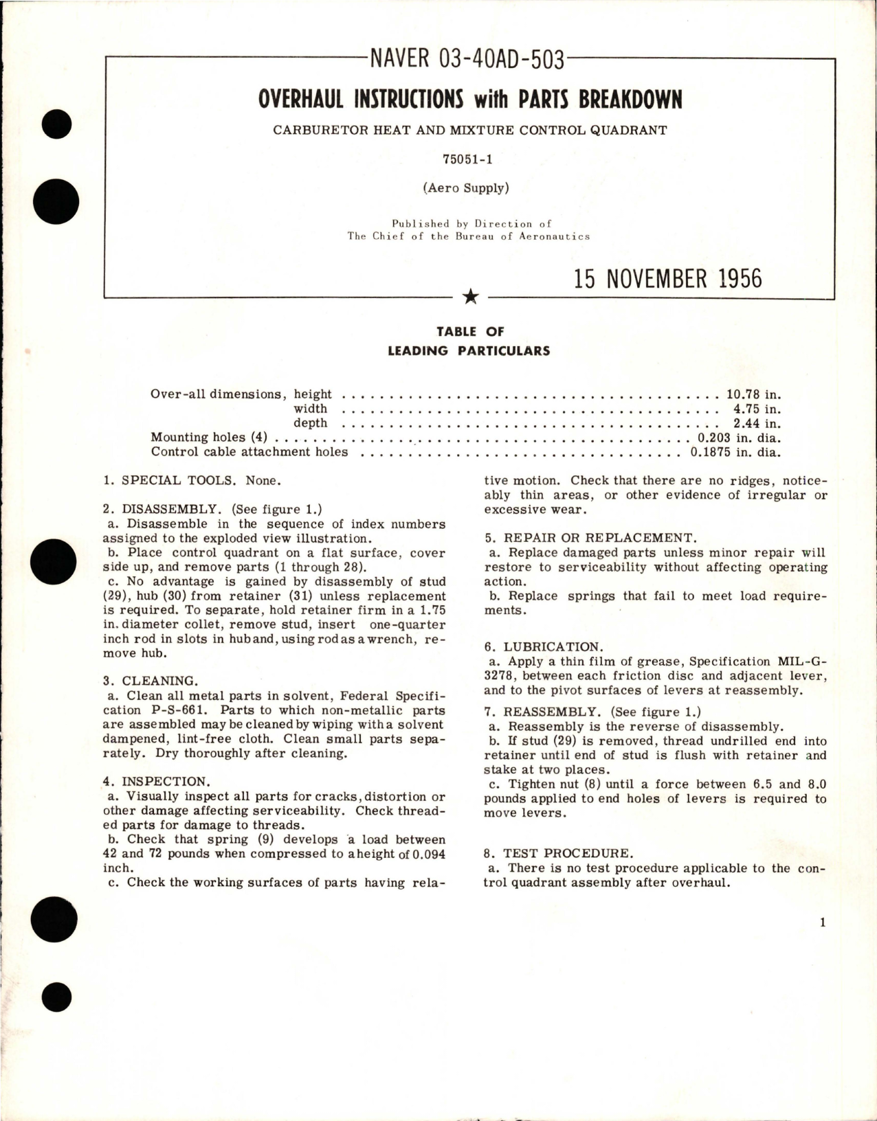 Sample page 1 from AirCorps Library document: Overhaul Instructions with Parts Breakdown for Carburetor Heat and Mixture Control Quadrant - 75051-1