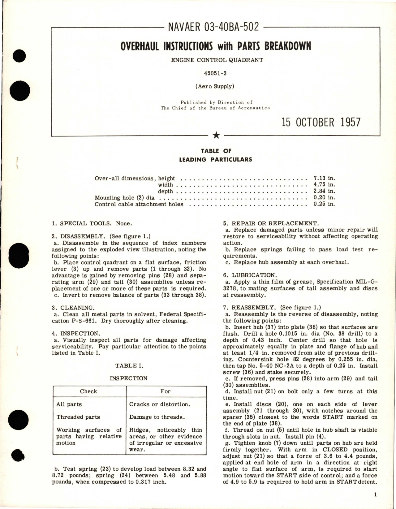 Sample page 1 from AirCorps Library document: Overhaul Instructions with Parts Breakdown for Engine Control Quadrant - 45051-3