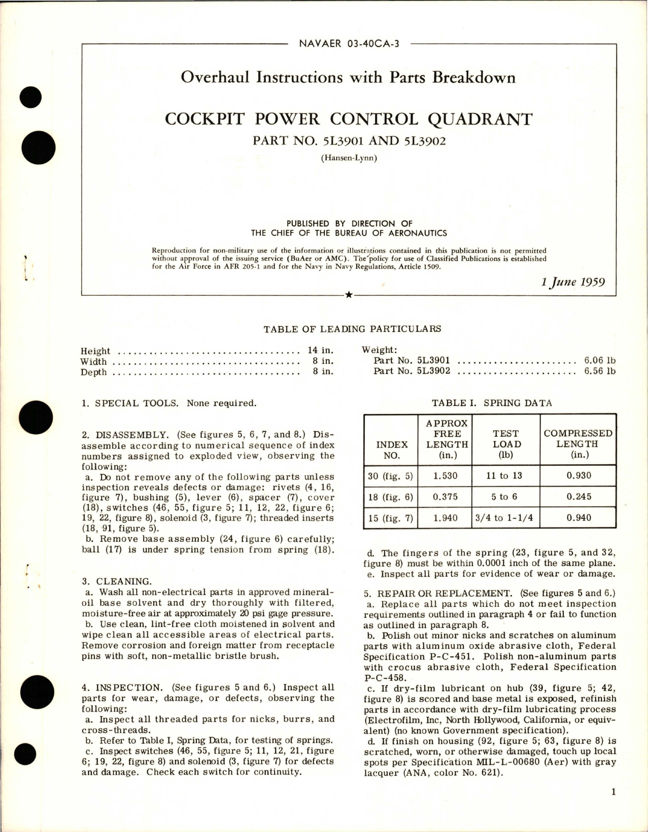 Sample page 1 from AirCorps Library document: Overhaul Instructions with Parts Breakdown for Cockpit Power Control Quadrant - Parts 5L3901 and 5L3902