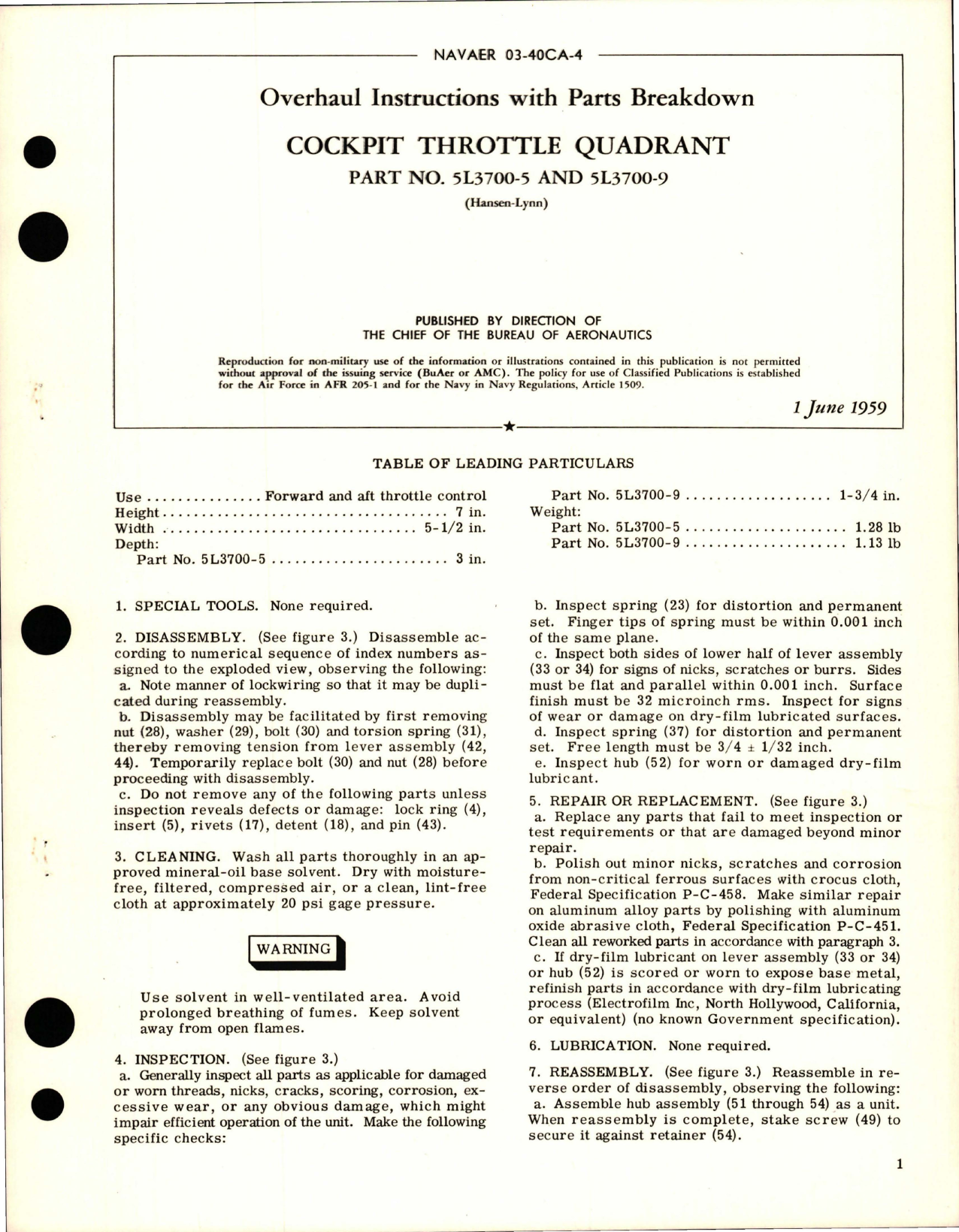 Sample page 1 from AirCorps Library document: Overhaul Instructions with Parts for Cockpit Throttle Quadrant - Parts 5L3700-5 and 5L3700-9