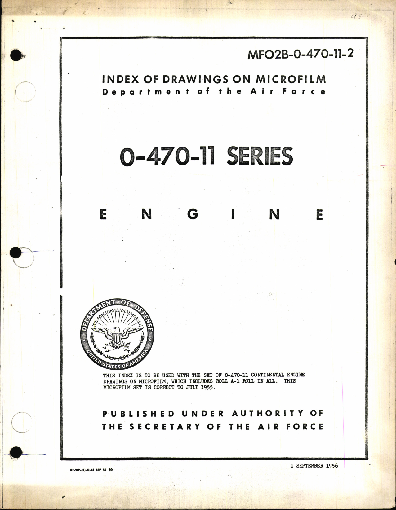 Sample page 1 from AirCorps Library document: Index of Drawings on Microfilm 0-470-11 Series Engines