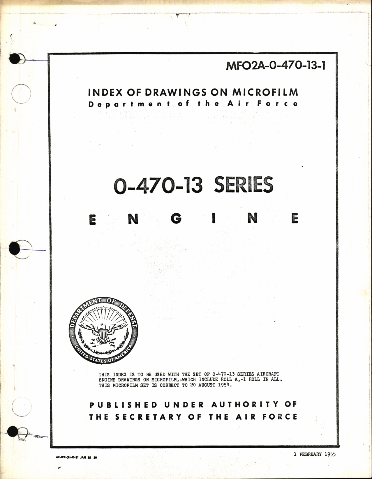 Sample page 1 from AirCorps Library document: Index of Drawings on Microfilm 0-470-13 Series Engines