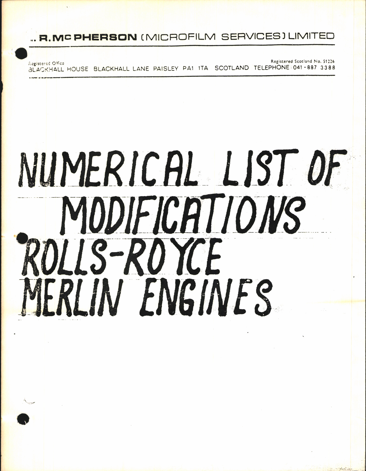 Sample page 1 from AirCorps Library document: Numerical List of Modifications on Rolls Royce Merlin Engines
