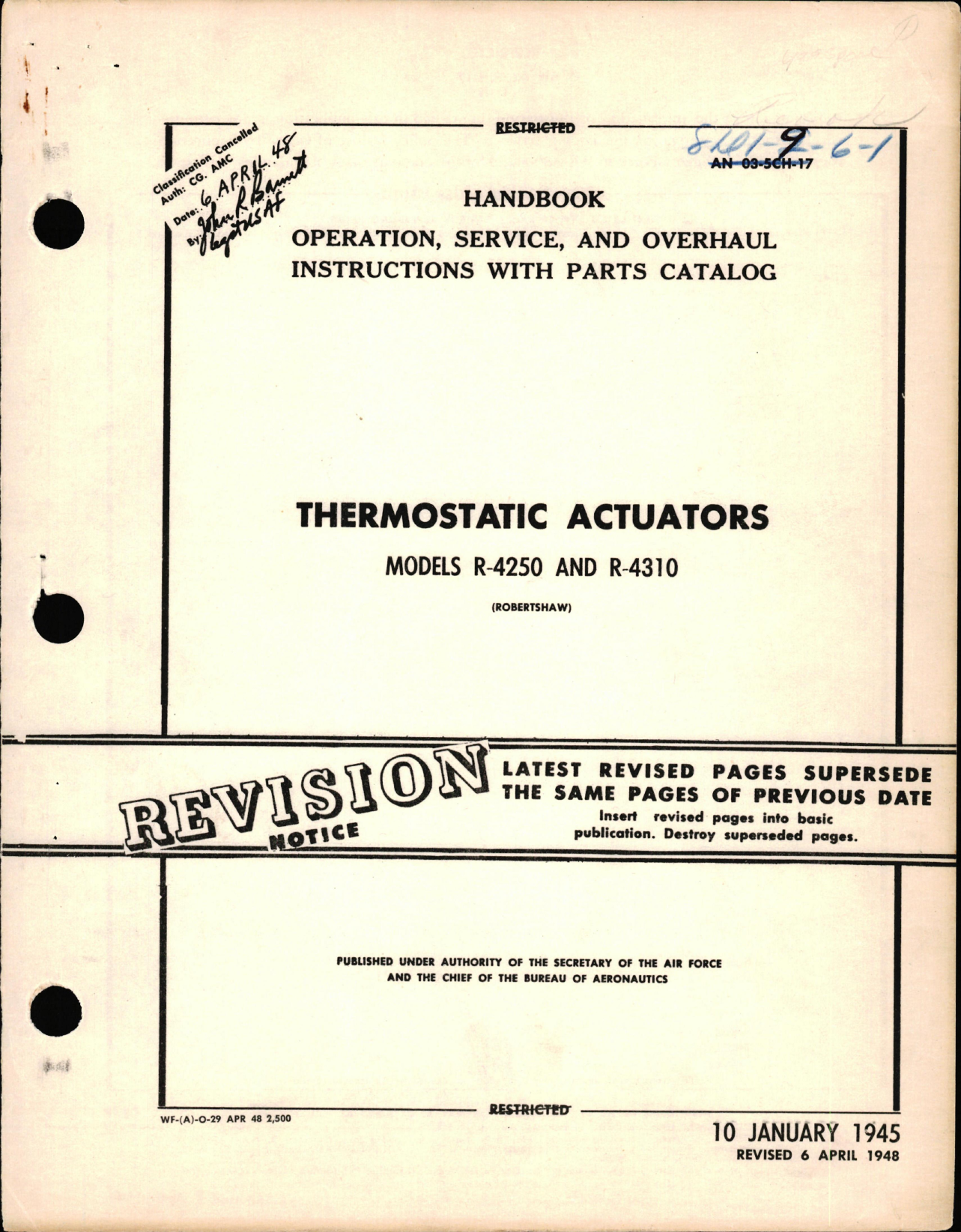 Sample page 1 from AirCorps Library document:  Operation, Service, & Overhaul Instructions with Parts Catalog for Thermostatic Actuators Models R-4250 and R-4310
