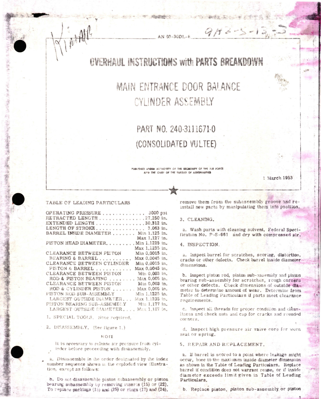 Sample page 1 from AirCorps Library document: Overhaul Instructions with Parts Breakdown for Main Entrance Door Balance Cylinder Assembly - Part 240-3111671-0