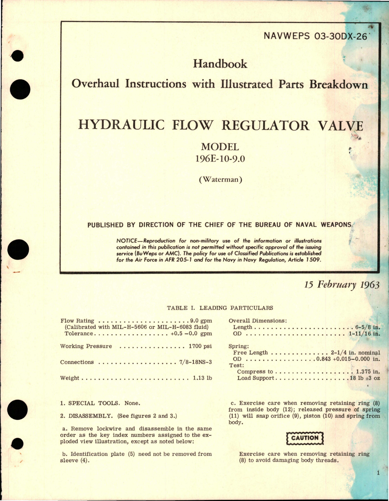 Sample page 1 from AirCorps Library document: Overhaul Instructions with Illustrated Parts Breakdown for Hydraulic Flow Regulator Valve - Model 196E-10-9.0