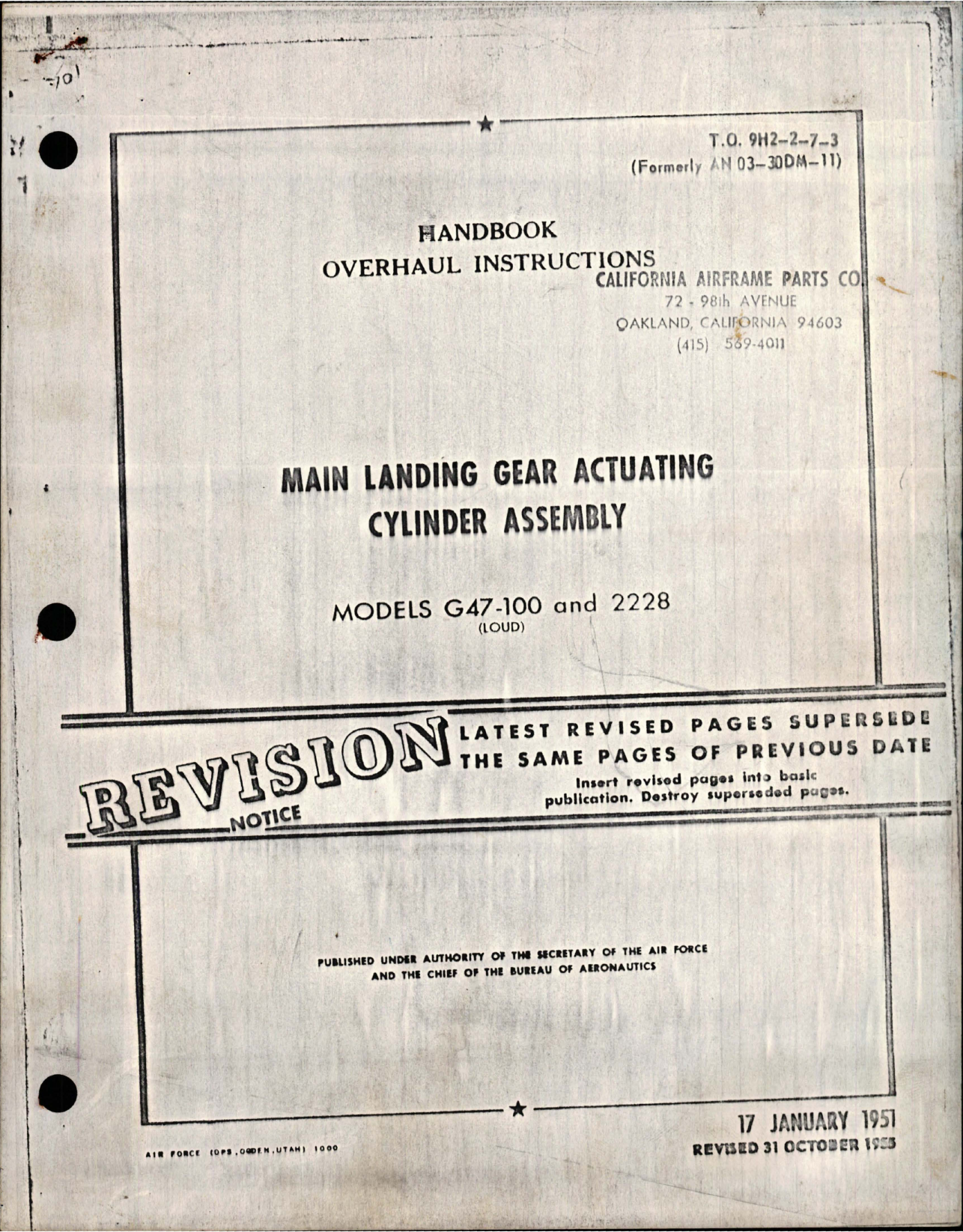 Sample page 1 from AirCorps Library document: Overhaul Instructions for Main Landing Gear Actuating Cylinder Assy - Models G47-100 and 2228 