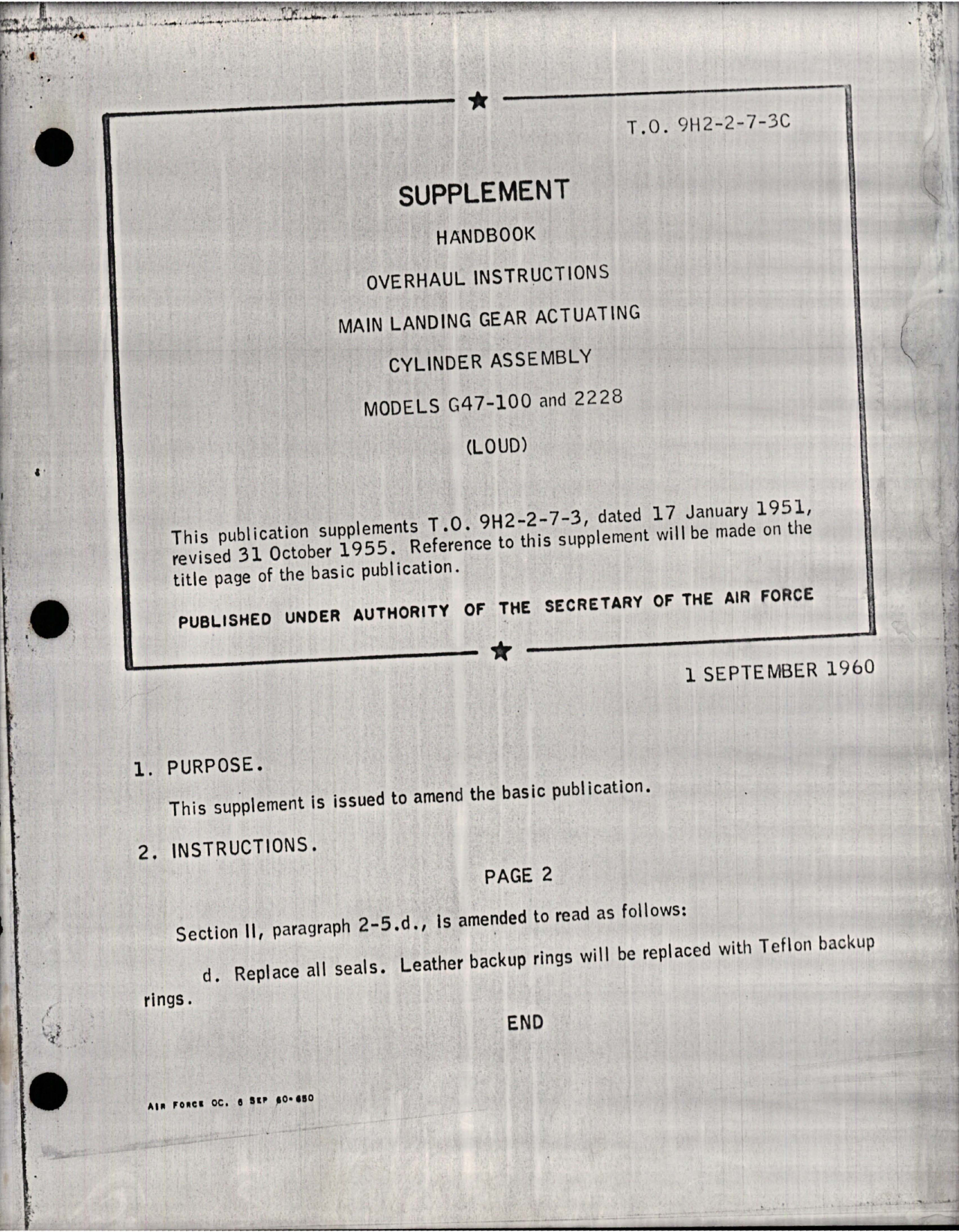 Sample page 1 from AirCorps Library document: Supplement to Overhaul Instructions for Main Landing Gear Actuating Cylinder Assembly - Models G47-100 and 2228 