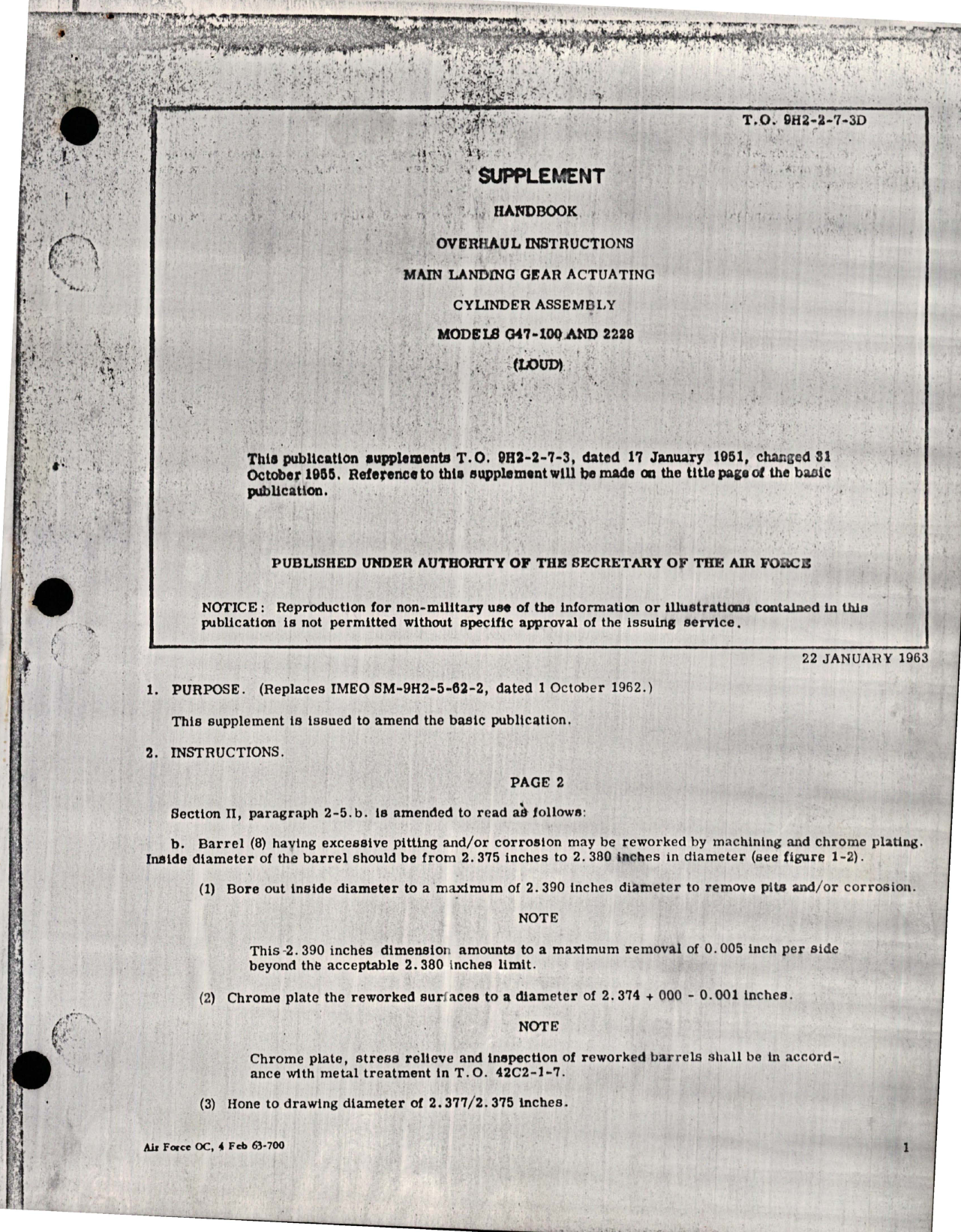 Sample page 1 from AirCorps Library document: Supplement to Overhaul Instructions for Main Landing Gear Actuating Cylinder Assembly - Models G47-100 and 2228 