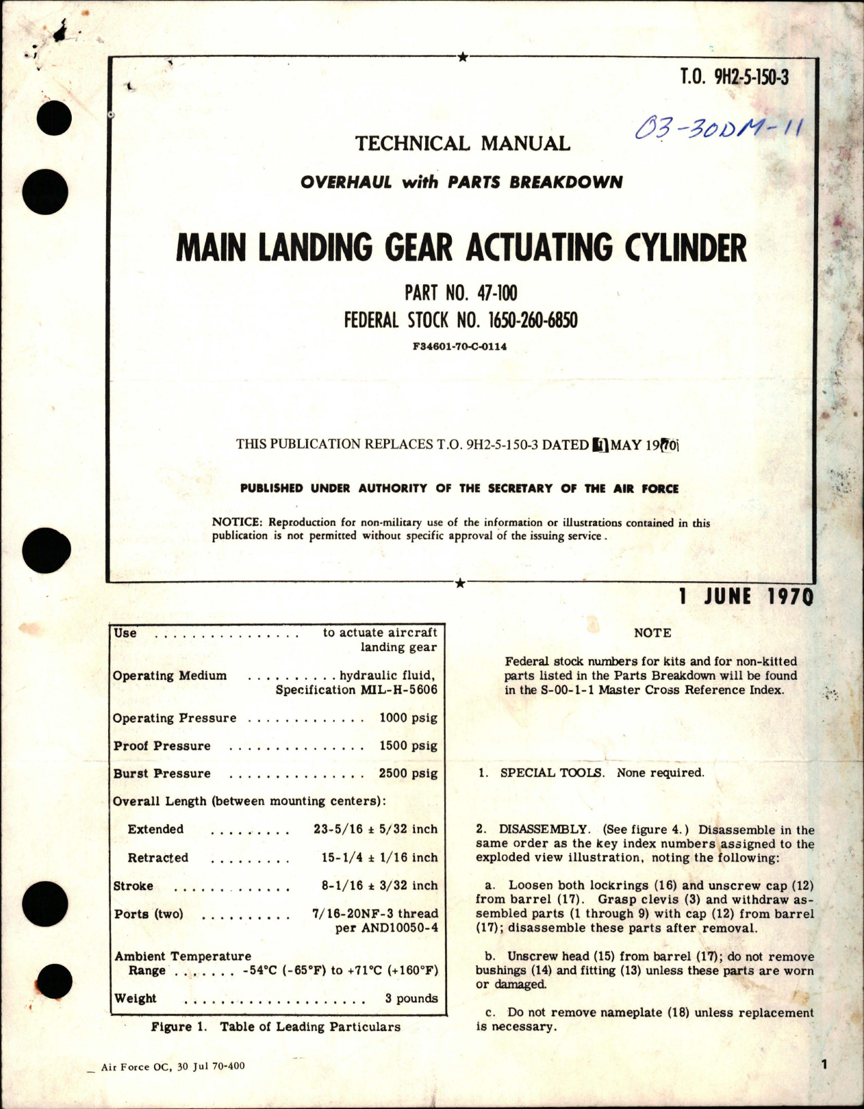Sample page 1 from AirCorps Library document: Overhaul with Parts Breakdown for Main Landing Gear Actuating Cylinder - Part 47-100