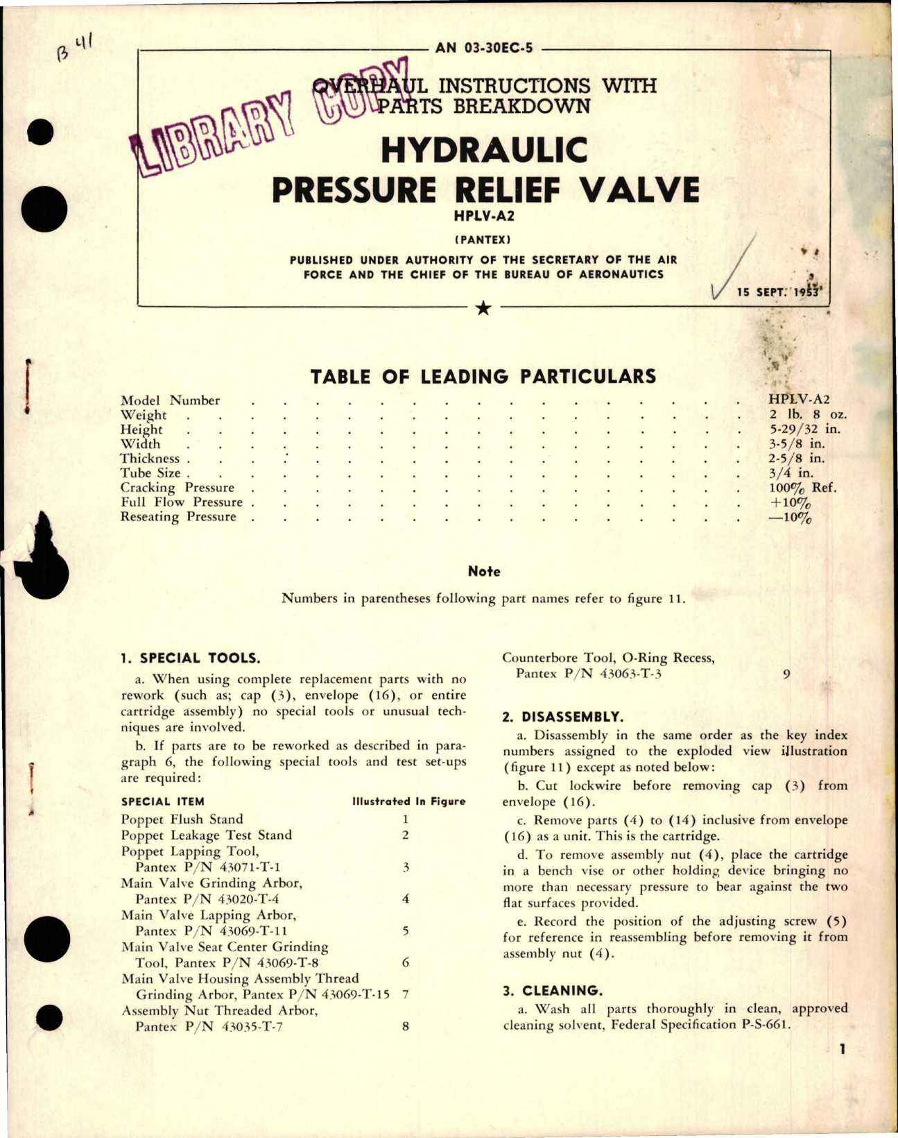 Sample page 1 from AirCorps Library document: Overhaul Instructions with Parts Breakdown for Hydraulic Pressure Relief Valve - HPLV-A2 