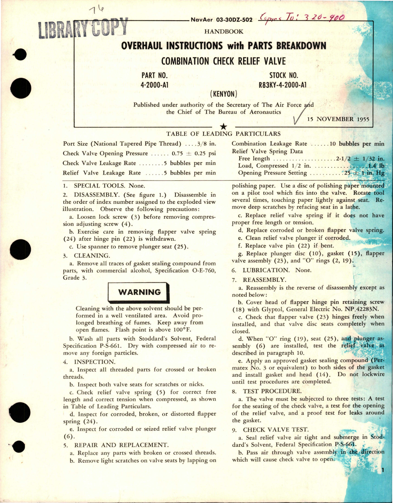 Sample page 1 from AirCorps Library document: Overhaul Instructions with Parts Breakdown for Combination Check Relief Valve - Part 4-2000-A1