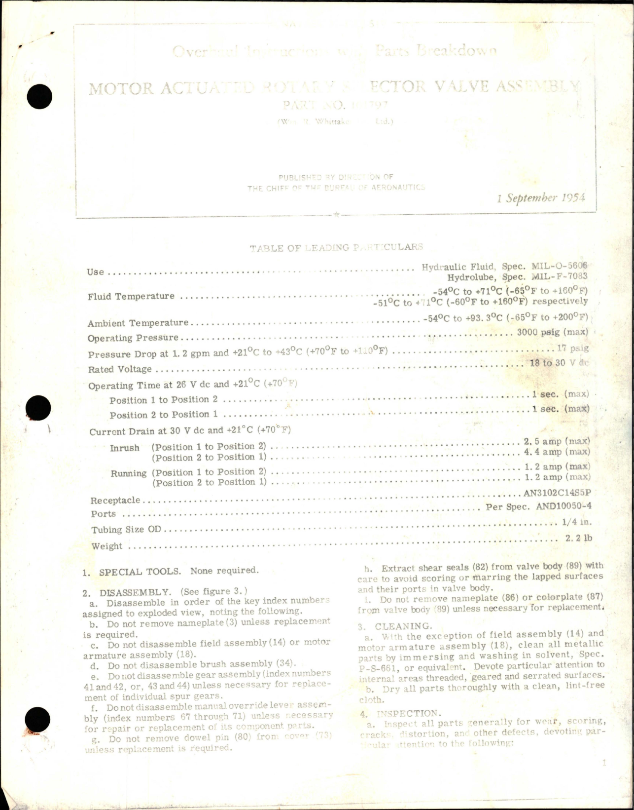 Sample page 1 from AirCorps Library document: Overhaul Instructions with Parts Breakdown for Motor Actuated Rotary Selector Valve Assembly - Part 101797