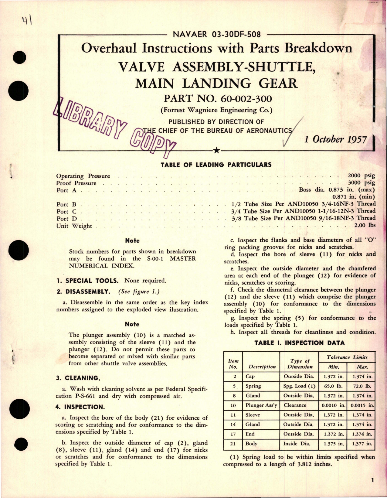 Sample page 1 from AirCorps Library document: Overhaul Instructions with Parts Breakdown for Main Landing Gear Shuttle Valve Assembly - Parts 60-002-300