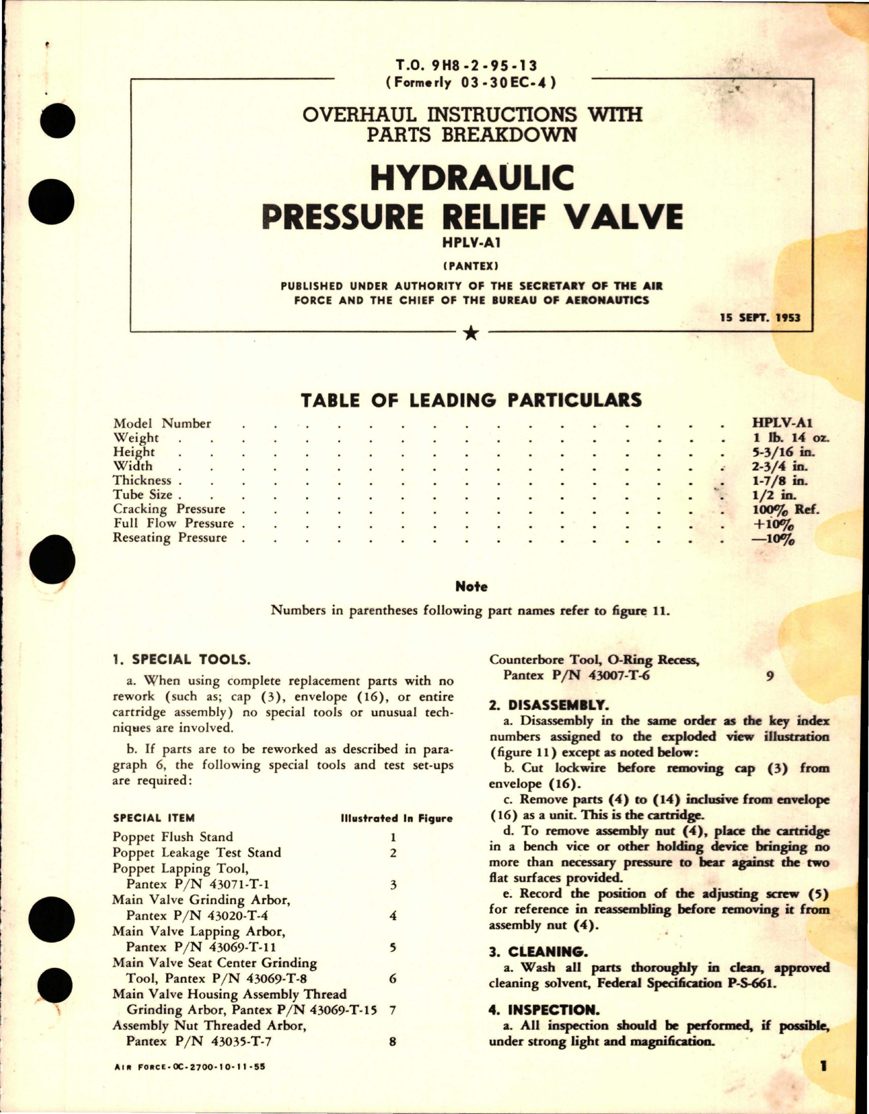 Sample page 1 from AirCorps Library document: Overhaul Instructions with Parts Breakdown for Hydraulic Pressure Relief Valve - HPLV-A1