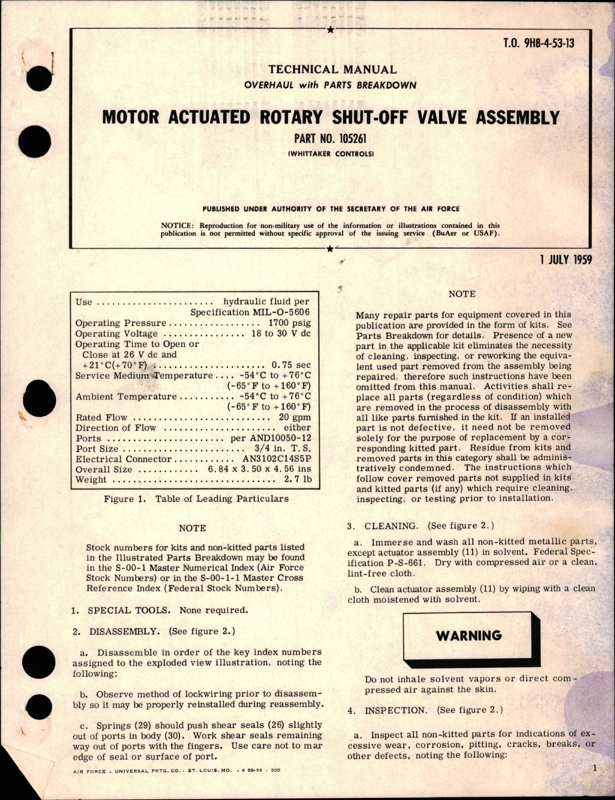 Sample page 1 from AirCorps Library document: Overhaul with Parts Breakdown for Motor Actuated Rotary Shut-Off Valve Assembly - Part 105261 