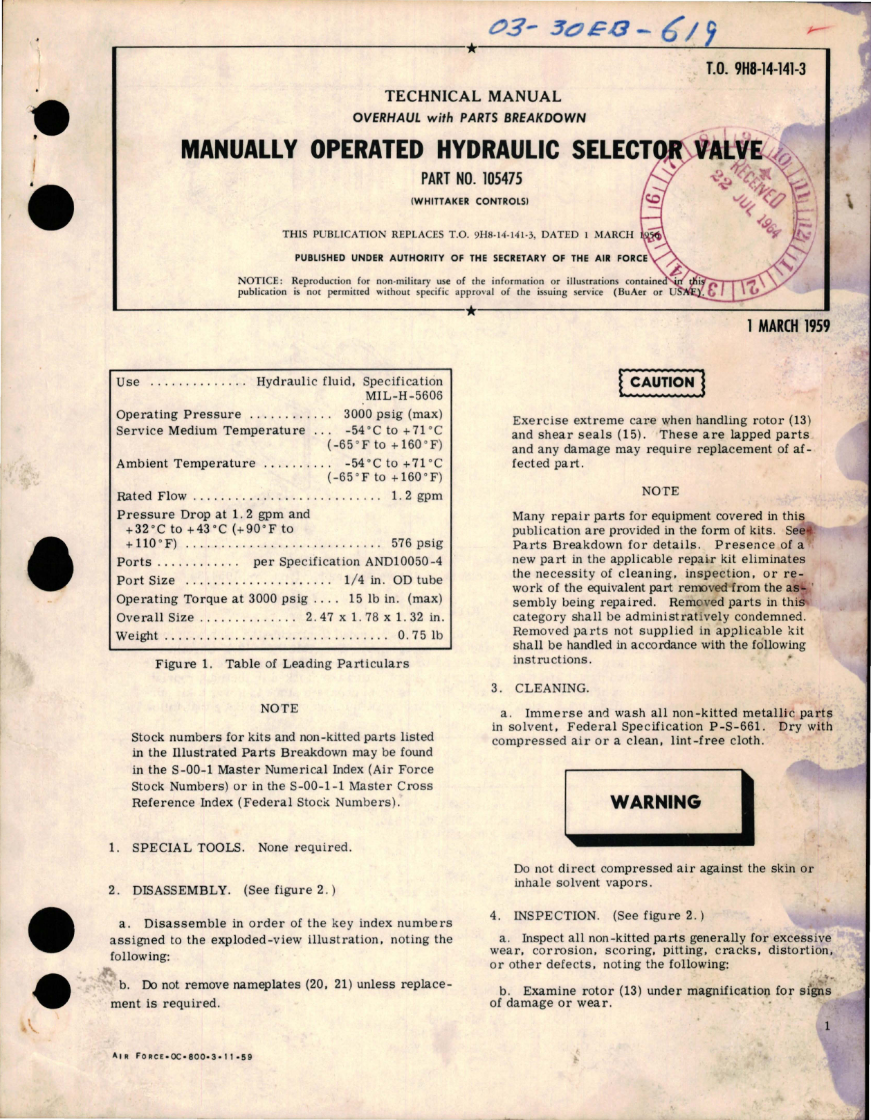 Sample page 1 from AirCorps Library document: Overhaul with Parts Breakdown for Manually Operated Hydraulic Selector Valve - Part 105475