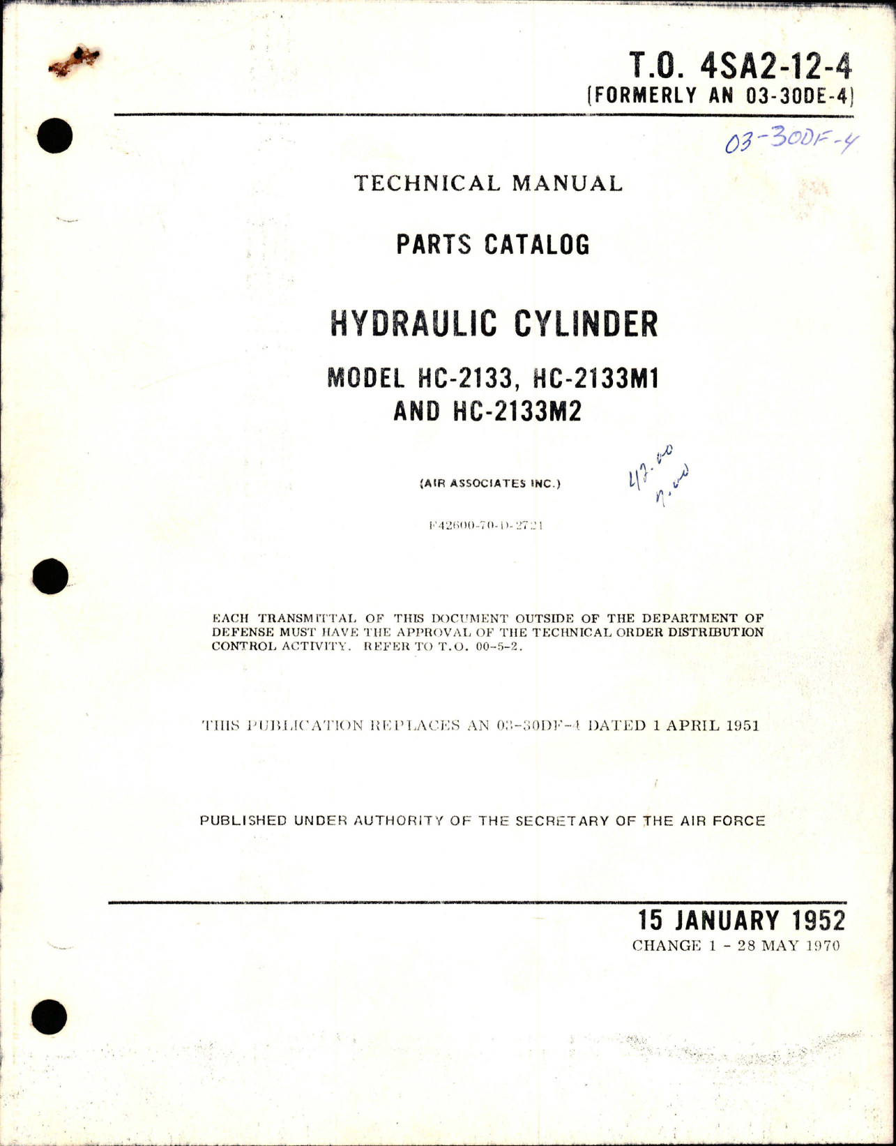 Sample page 1 from AirCorps Library document: Parts Catalog for Hydraulic Cylinder - Models HC-2133, HC-2133M1, and HC-2133M2