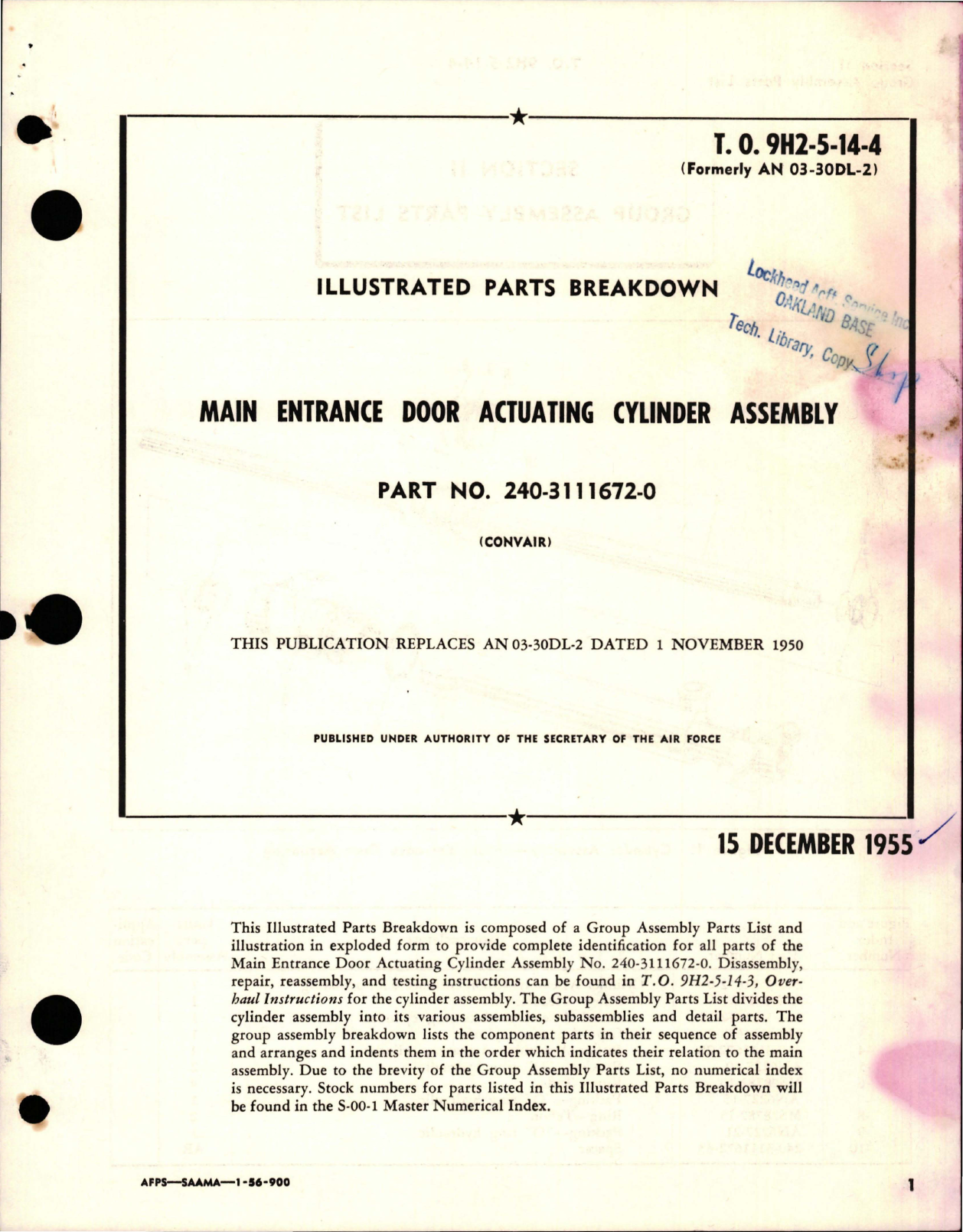 Sample page 1 from AirCorps Library document: Illustrated Parts Breakdown for Main Entrance Door Actuating Cylinder Assembly - Part 240-3111670-2