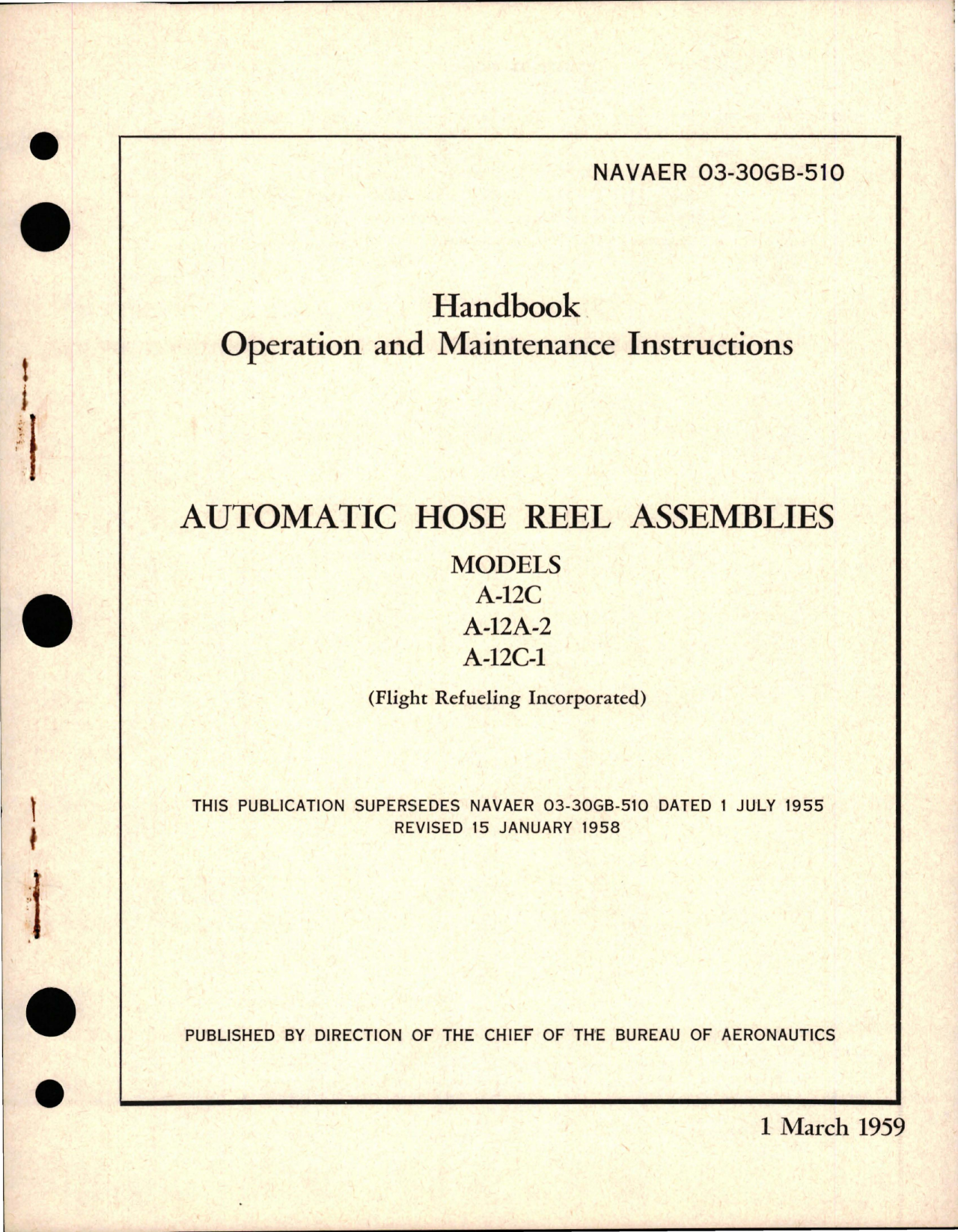 Sample page 1 from AirCorps Library document: Operation and Maintenance Instructions for Automatic Hose Reel Assemblies - Models A-12C, A-12A-2, and A-12C-1