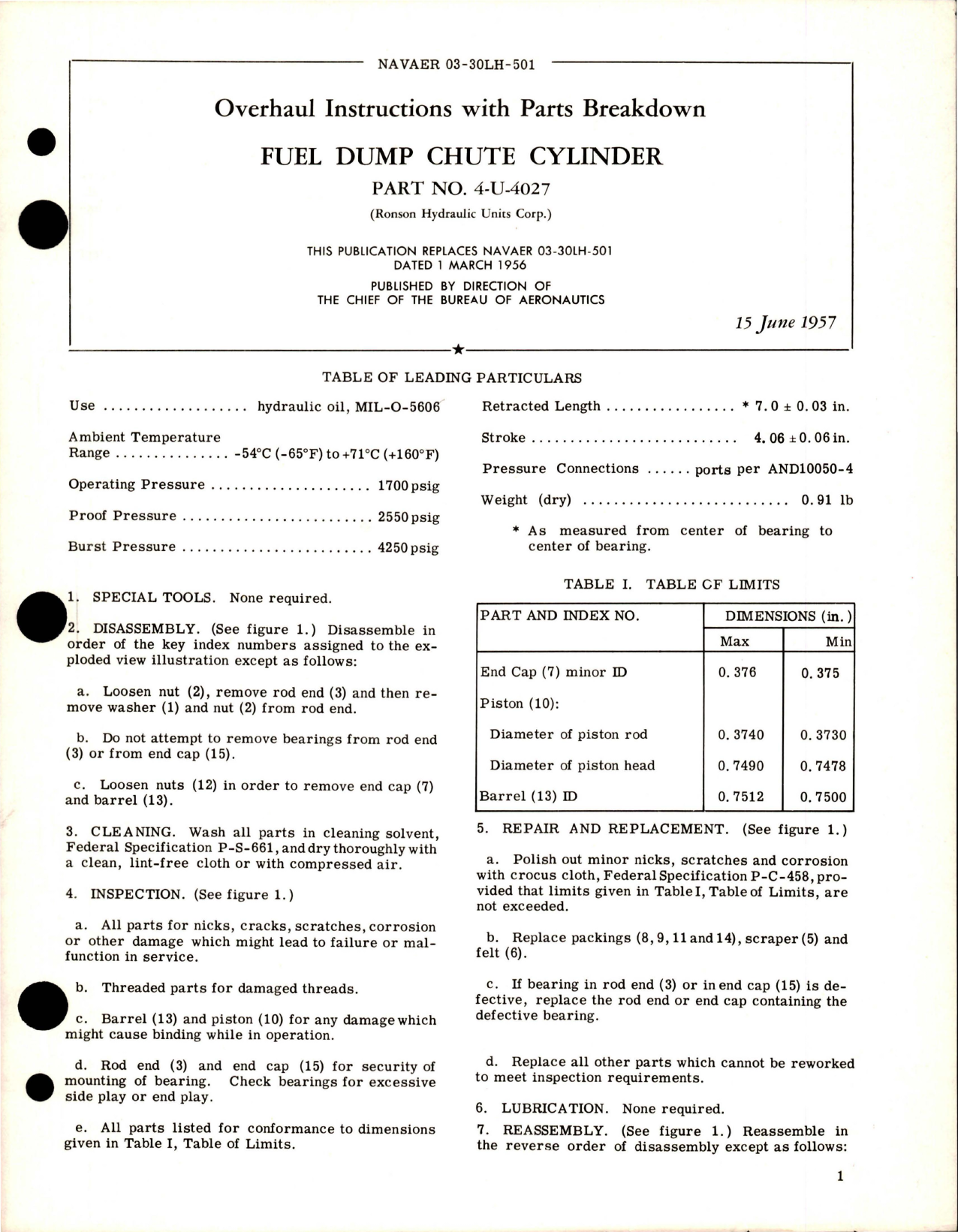 Sample page 1 from AirCorps Library document: Overhaul Instructions with Parts for Fuel Dump Chute Cylinder - Part 4-U-4027