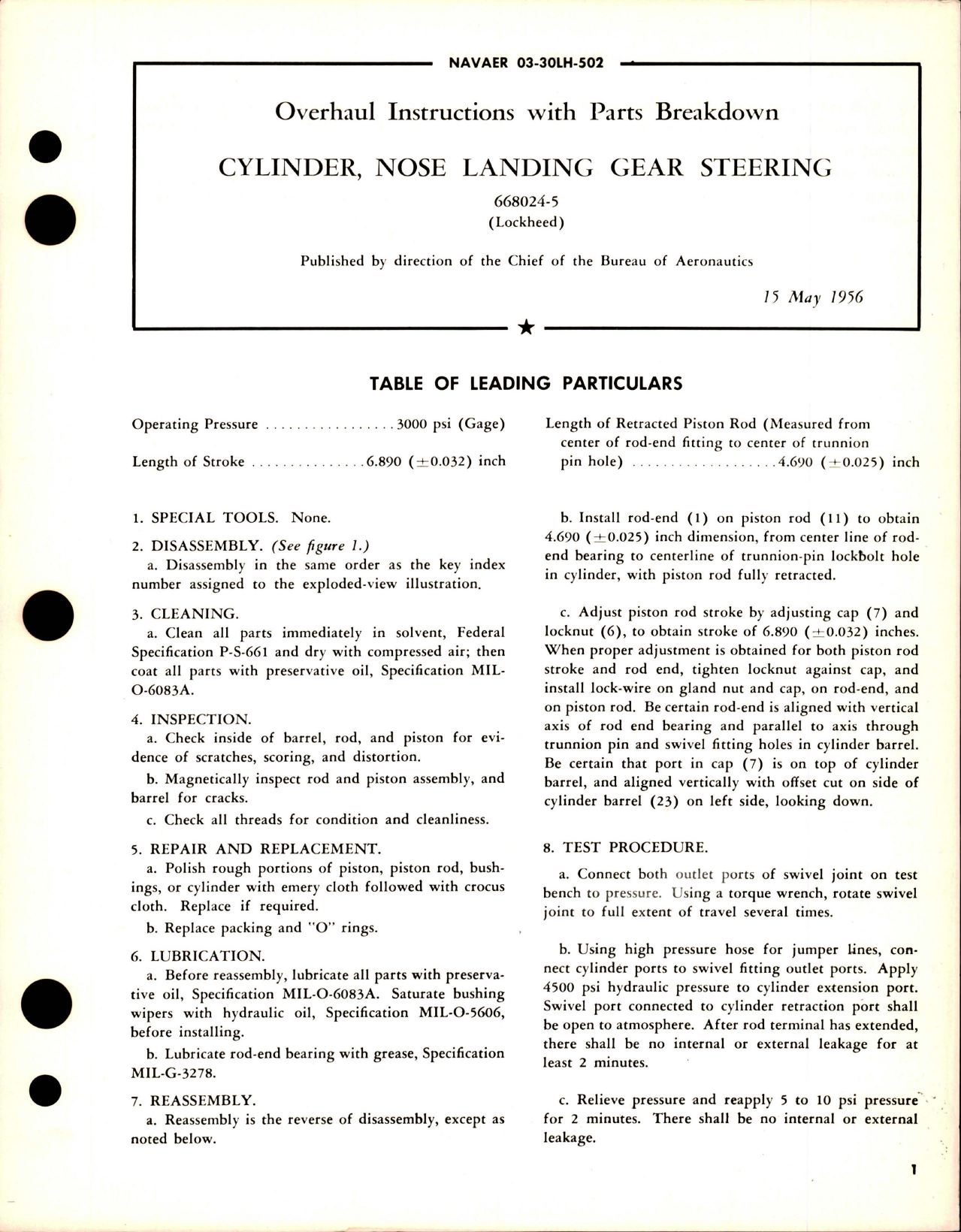 Sample page 1 from AirCorps Library document: Overhaul Instructions with Parts Breakdown for Nose Landing Gear Steering Cylinder - 668024-5
