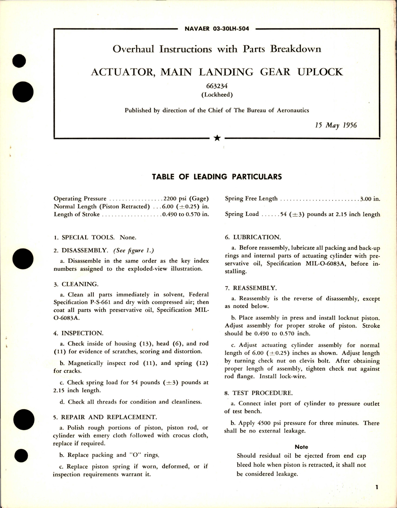 Sample page 1 from AirCorps Library document: Overhaul Instructions with Parts Breakdown for Main Landing Gear Uplock Actuator - 663234