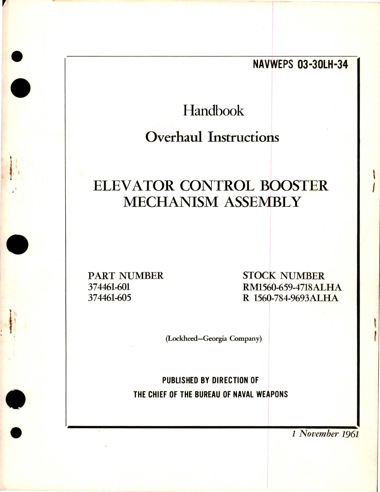 Sample page 1 from AirCorps Library document: Overhaul Instructions for Elevator Control Booster Mechanism Assembly - Parts 374461-601 and 374461-605