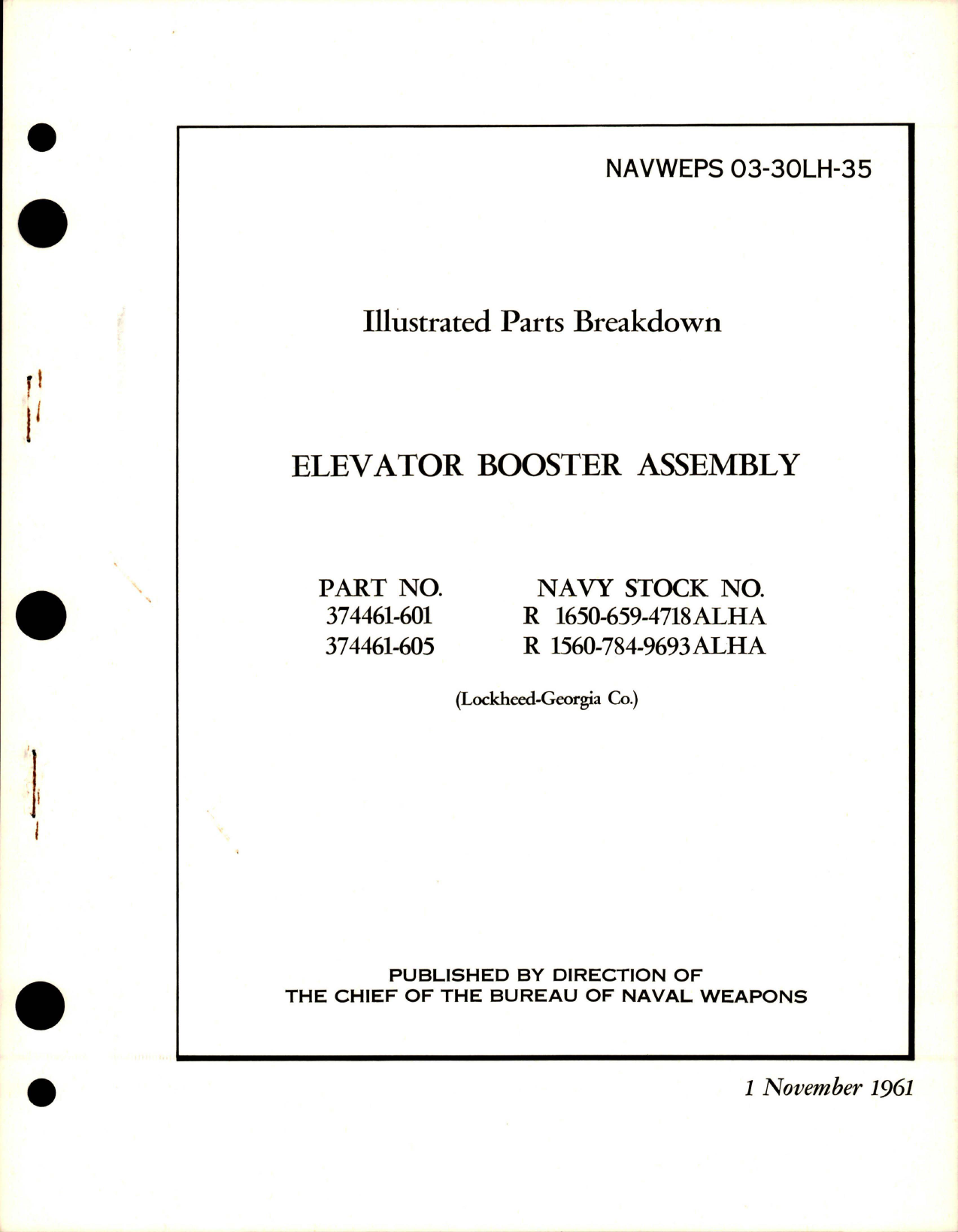 Sample page 1 from AirCorps Library document: Illustrated Parts Breakdown for Elevator Booster Assembly - Parts 374461-601 and 374461-605