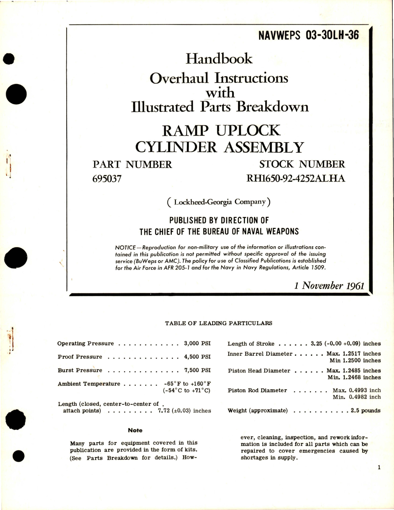 Sample page 1 from AirCorps Library document: Overhaul Instructions with Parts Breakdown for Ramp Uplock Cylinder Assembly - Part 695037 
