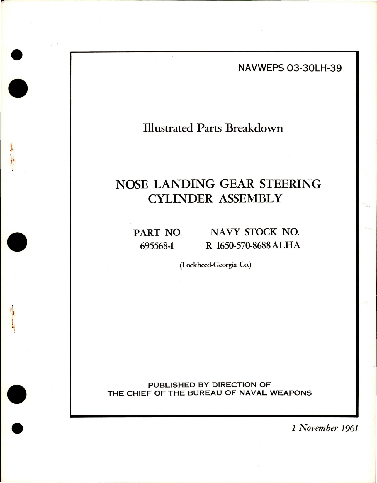 Sample page 1 from AirCorps Library document: Illustrated Parts Breakdown for Nose Landing Gear Steering Cylinder Assembly - Part 695568-1