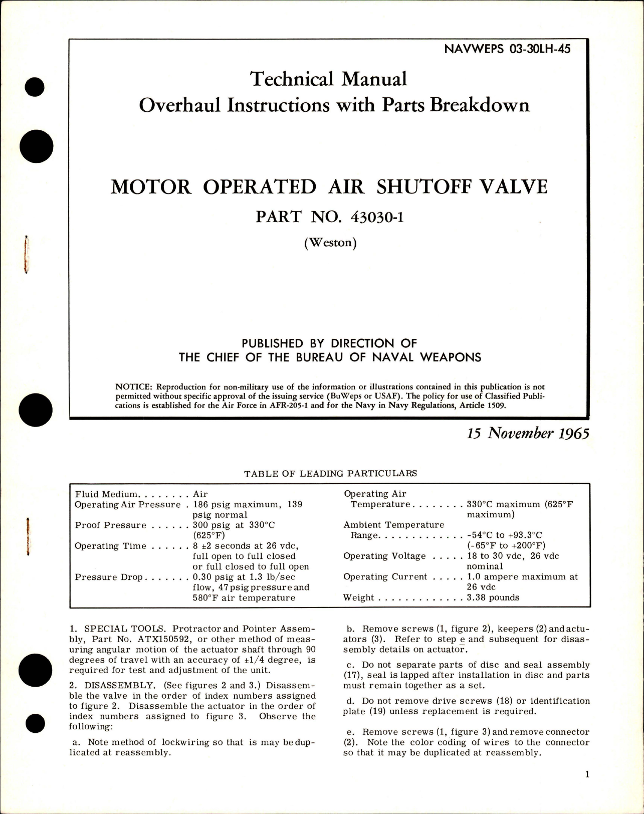 Sample page 1 from AirCorps Library document: Overhaul Instructions with Parts Breakdown for Motor Operated Air Shutoff Valve - Part 43030-1