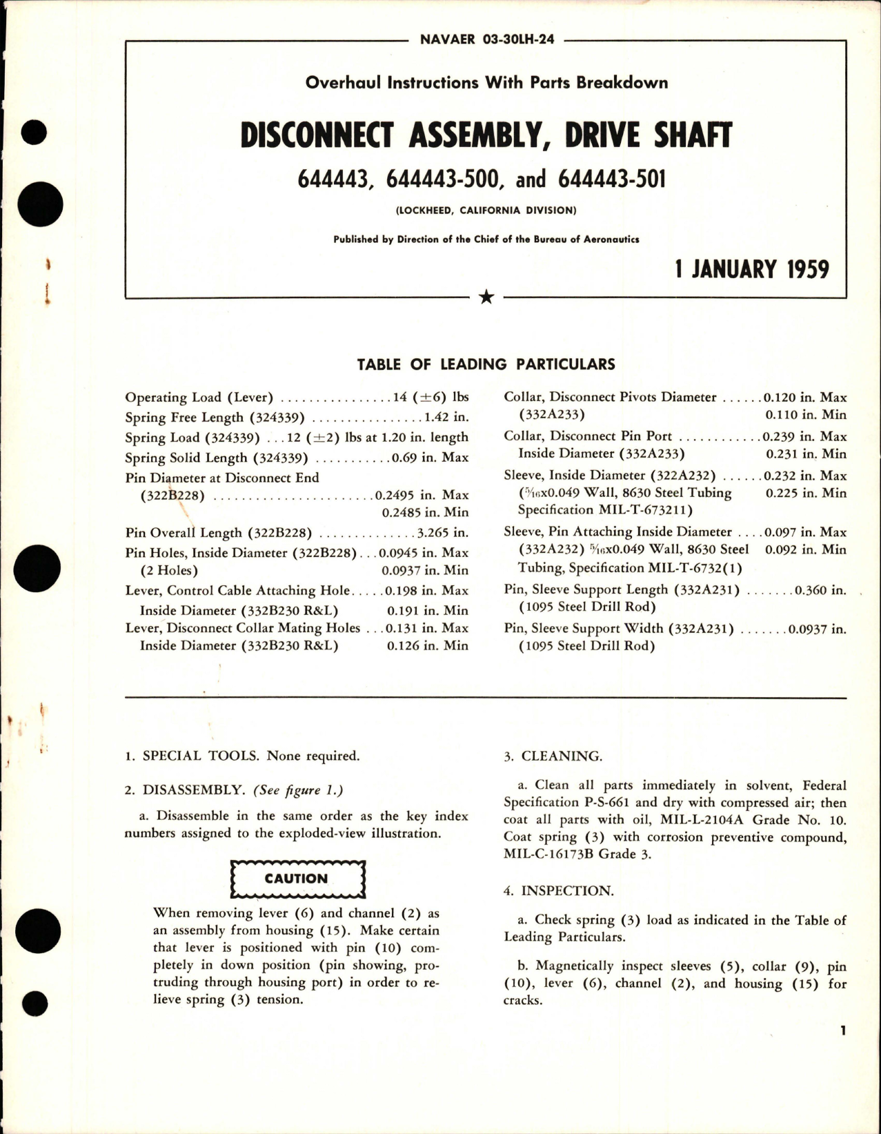 Sample page 1 from AirCorps Library document: Overhaul Instructions with Parts Breakdown for Drive Shaft Disconnect Assembly - Parts 644443, 644443-500, and 644443-501 