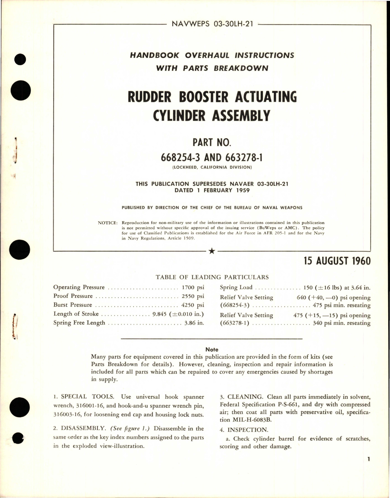 Sample page 1 from AirCorps Library document: Overhaul Instructions with Parts Breakdown for Rudder Booster Actuating Cylinder Assembly - Parts 668254-3 and 663278-1