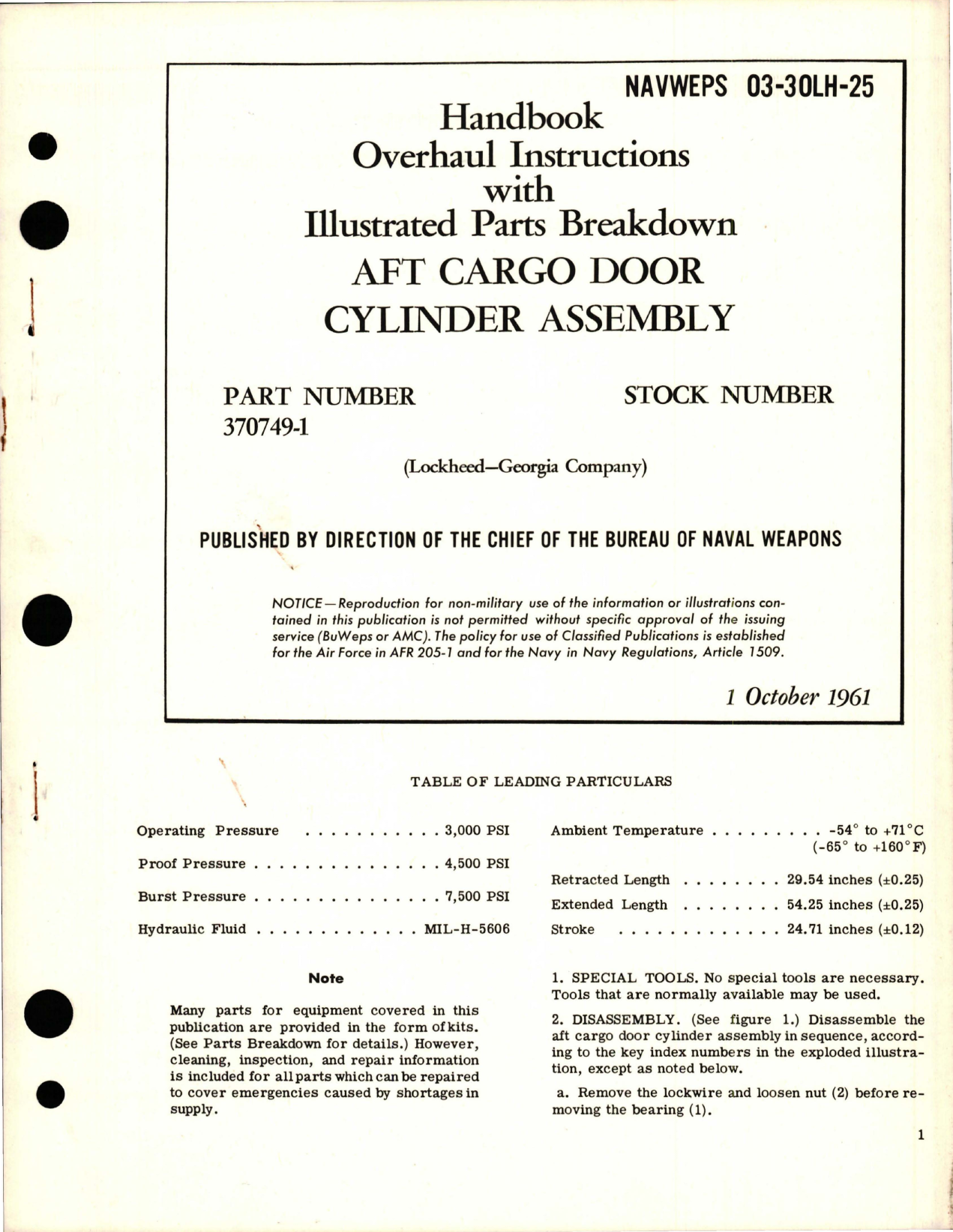 Sample page 1 from AirCorps Library document: Overhaul Instructions with Illustrated Parts Breakdown for AFT Cargo Door Cylinder Assembly - Part 370749-1